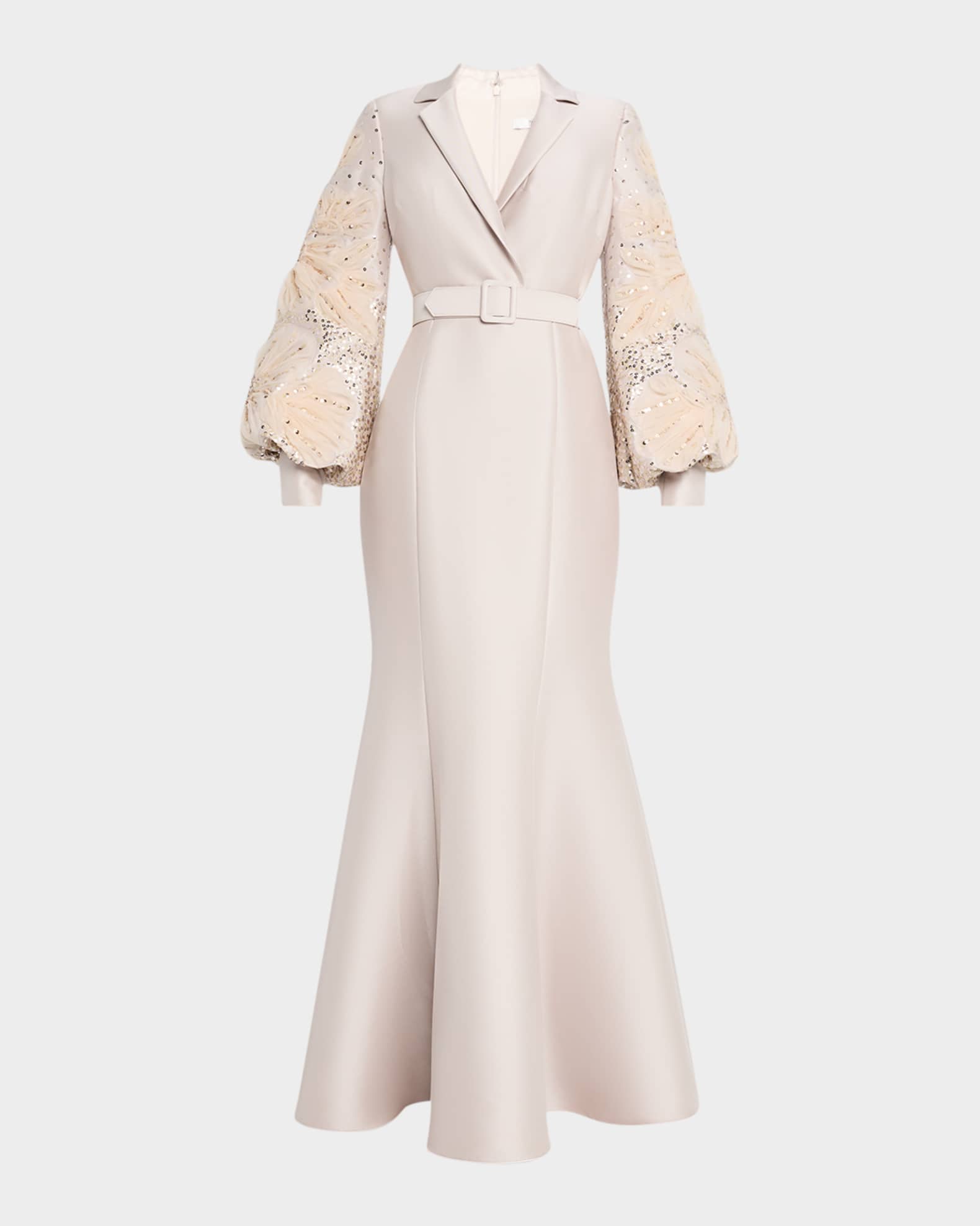 Badgley Mischka Embellished-Sleeve Mermaid Shirt Gown Champagne