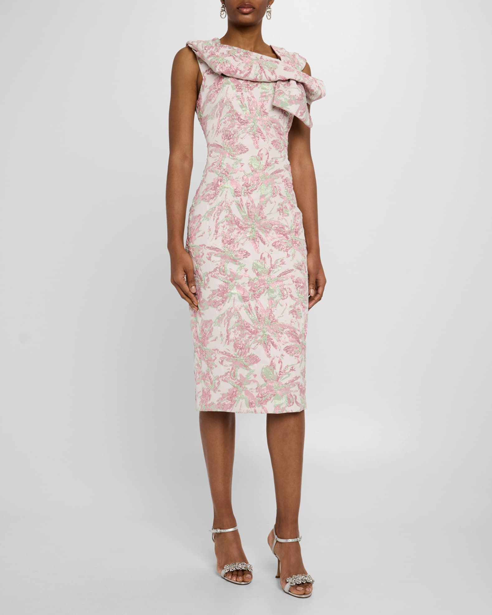 Bow-Front Metallic Jacquard Midi Sheath Dress 1