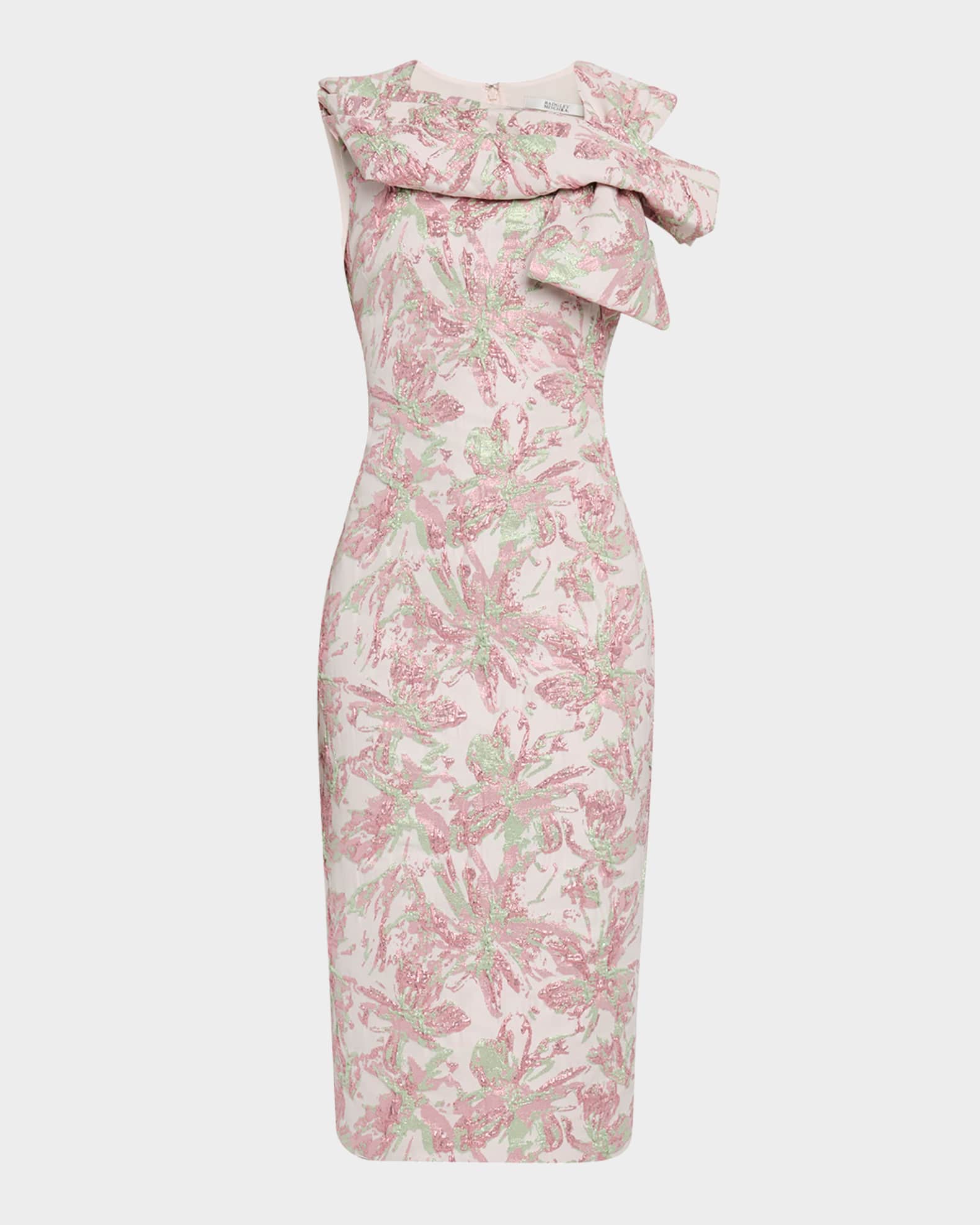 Bow-Front Metallic Jacquard Midi Sheath Dress 0