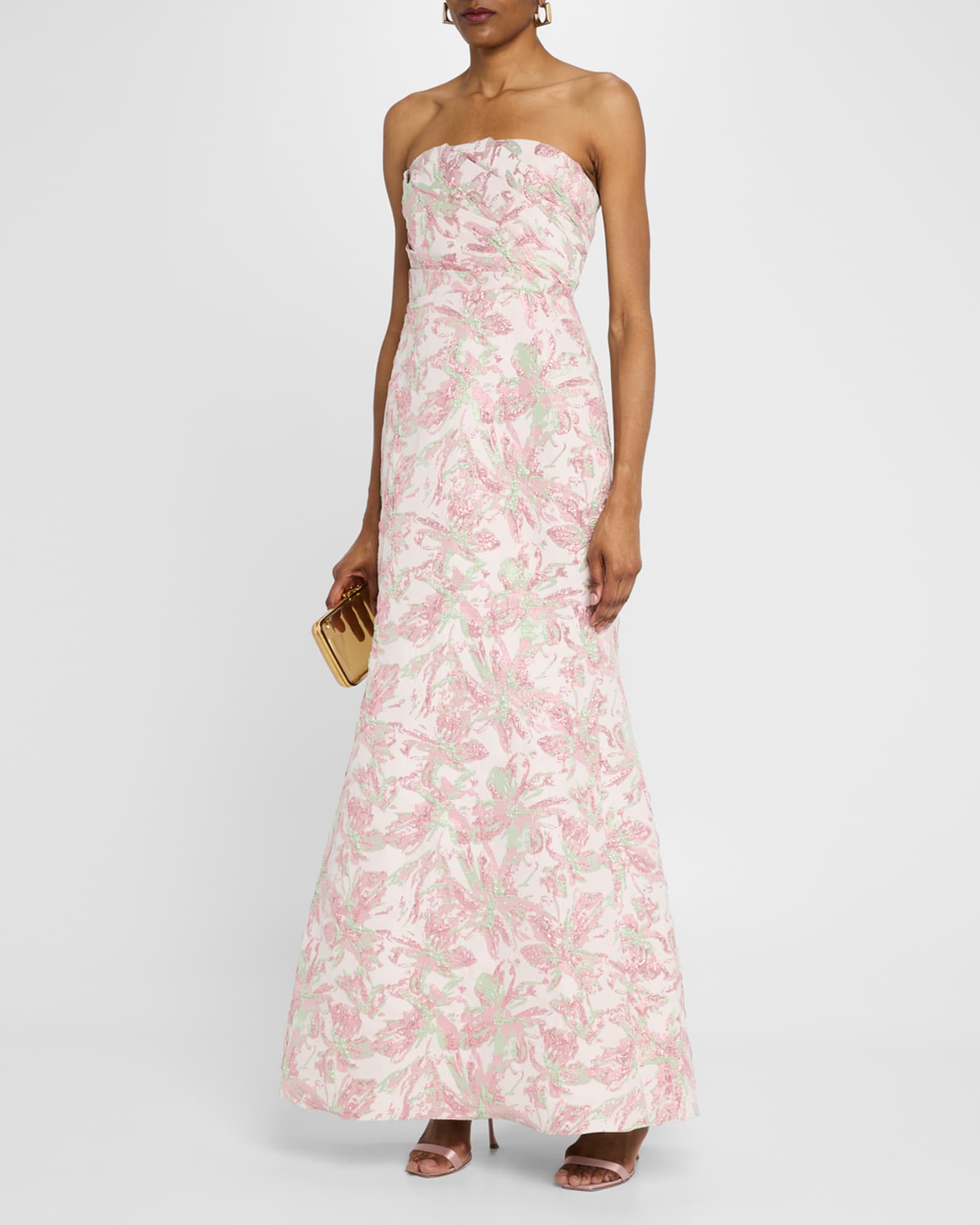 Strapless Pleated Metallic Jacquard Gown 1