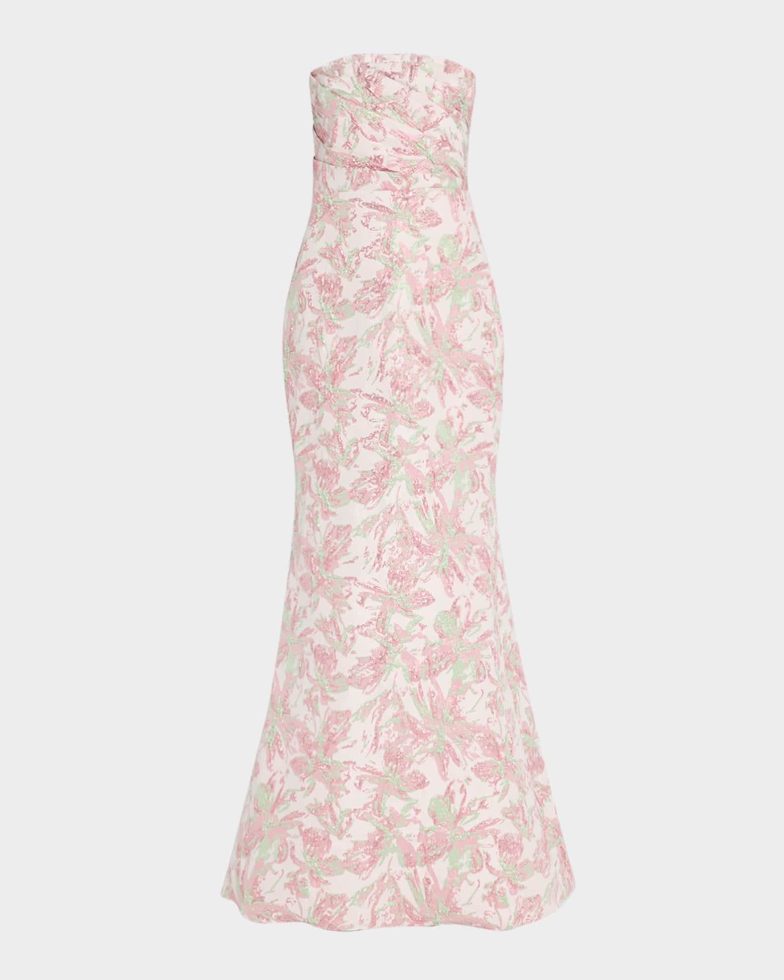 Strapless Pleated Metallic Jacquard Gown 0