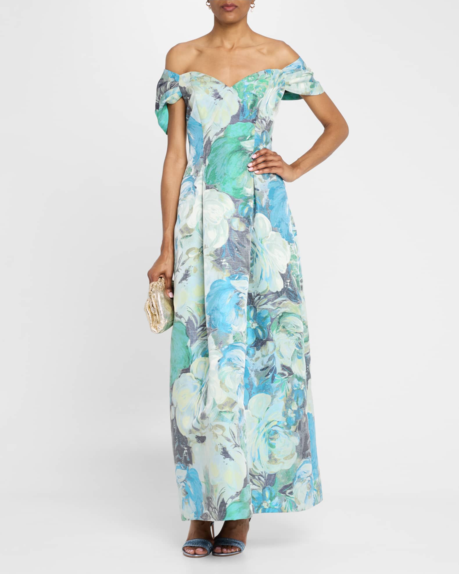 Pleated Off-Shoulder Floral Jacquard Gown 1