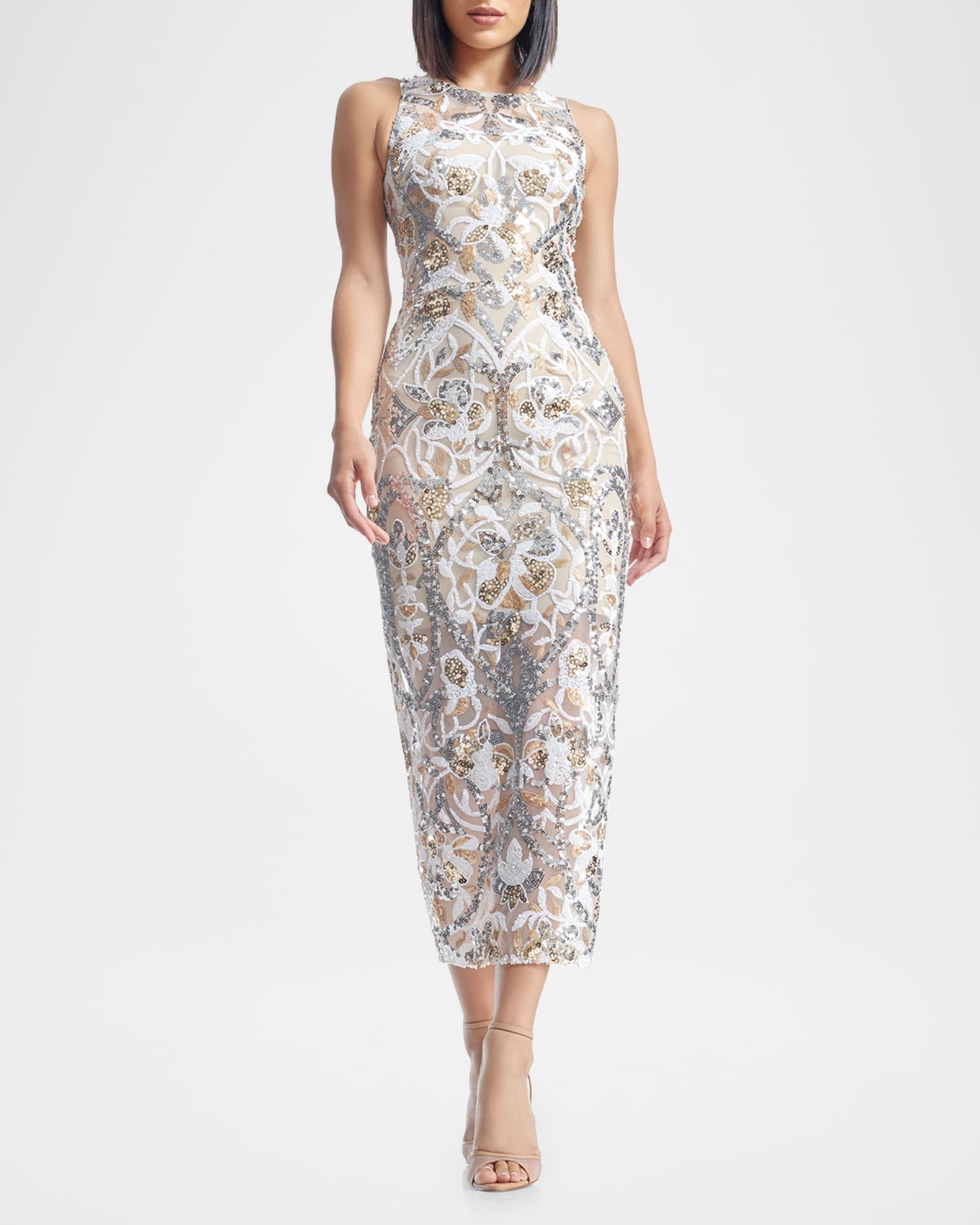 Helena Beaded Floral Applique Midi Dress 1