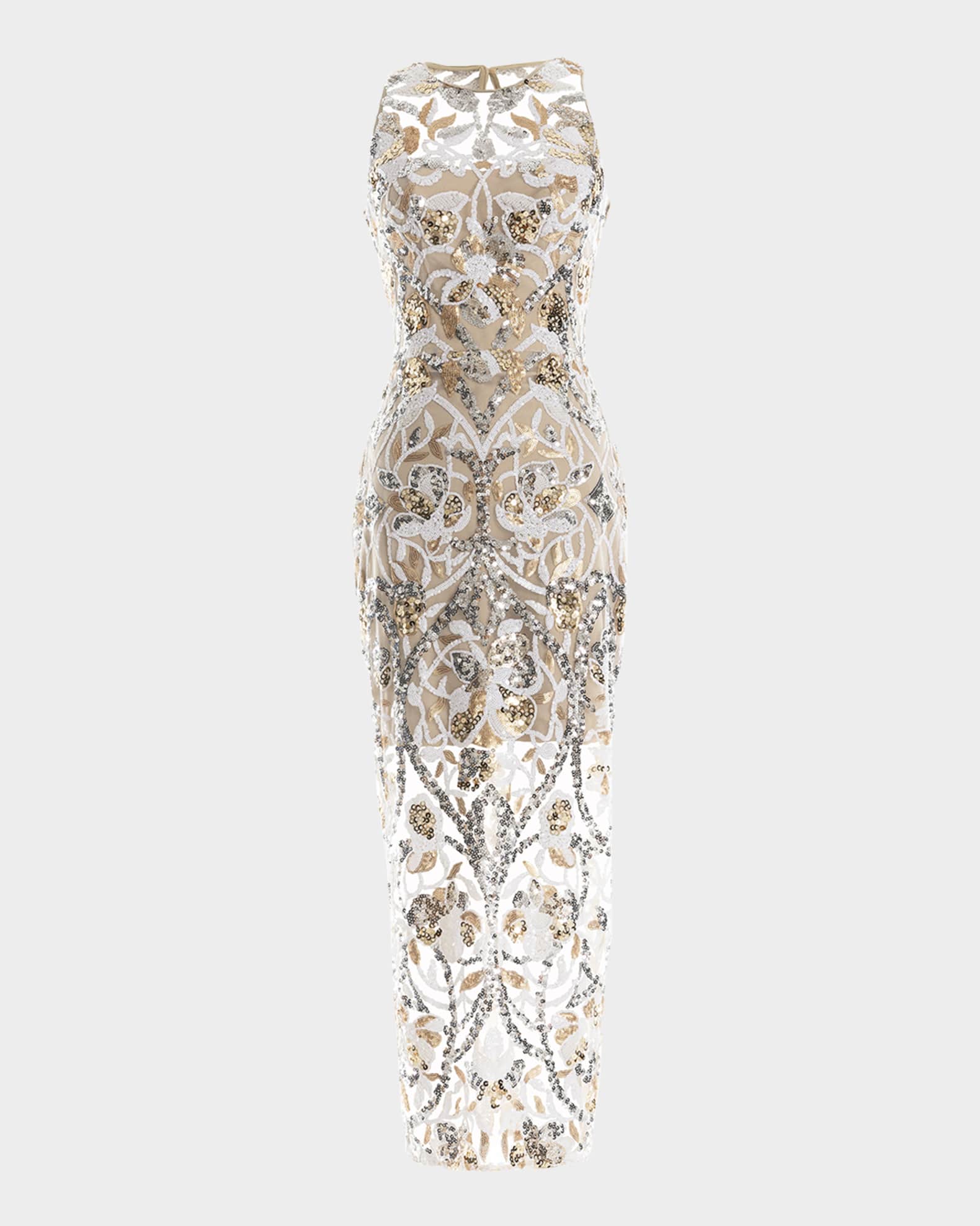 Helena Beaded Floral Applique Midi Dress 0