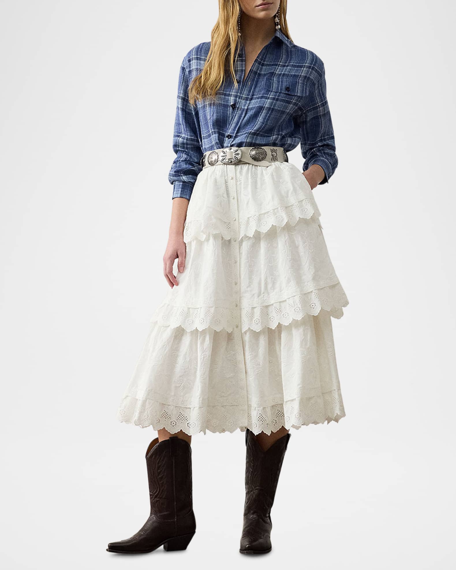 Caitlin Tiered Embroidered Cotton Poplin Midi Skirt 1