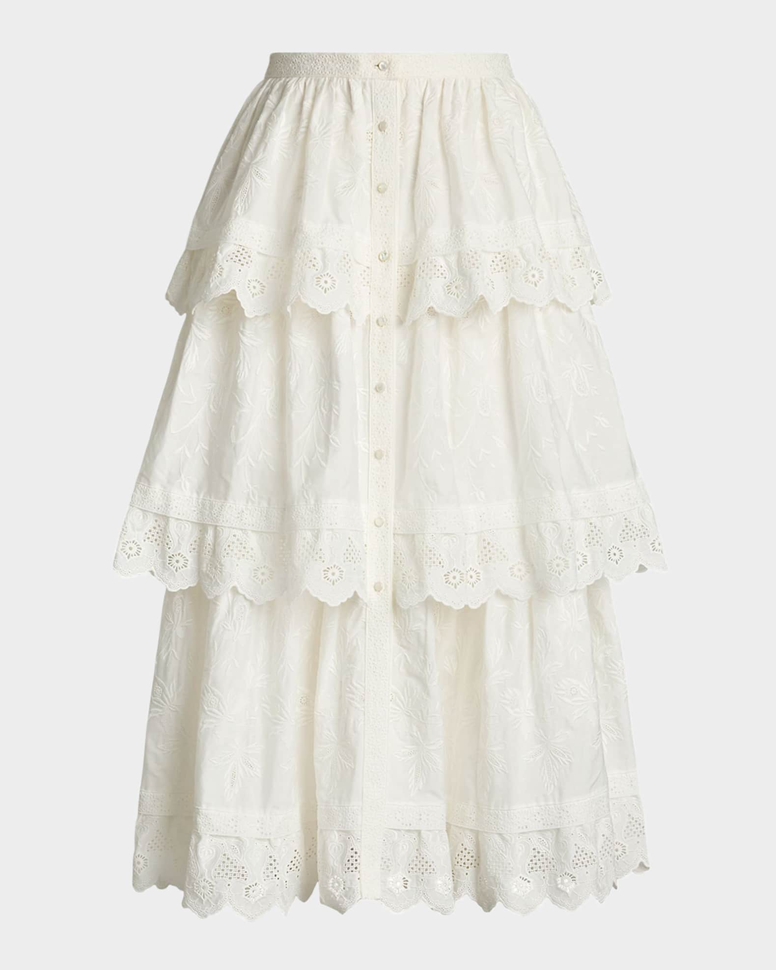Caitlin Tiered Embroidered Cotton Poplin Midi Skirt 0
