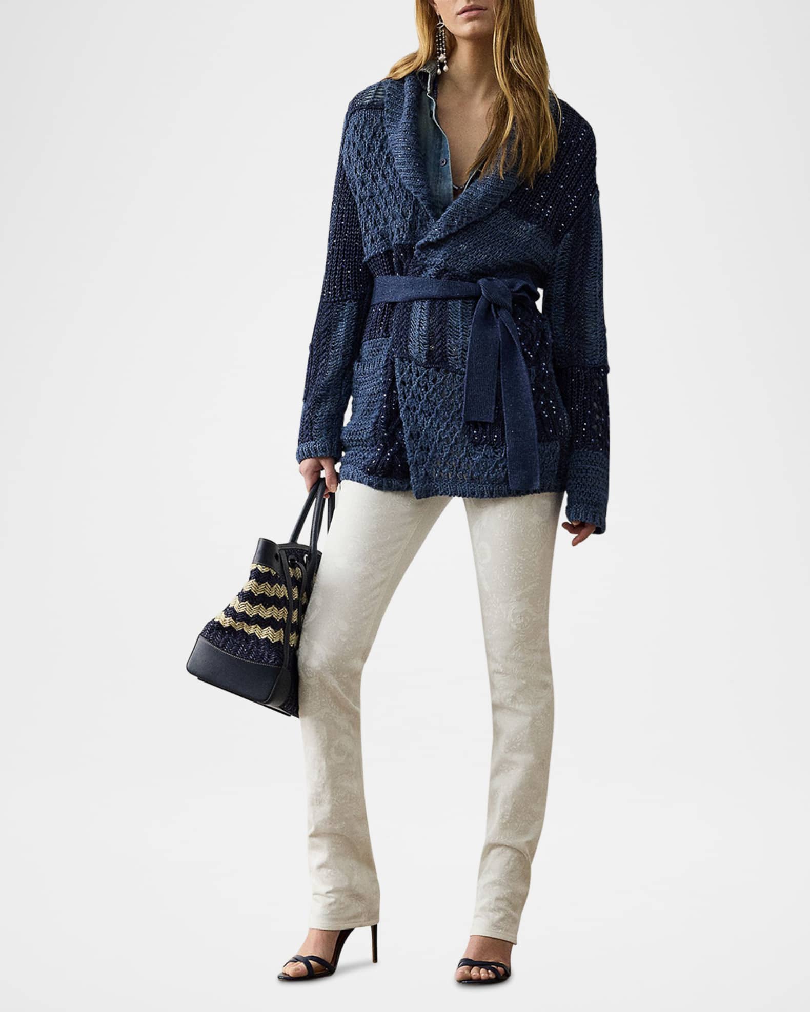 Patchwork Silk-Linen Belted Cardigan 1
