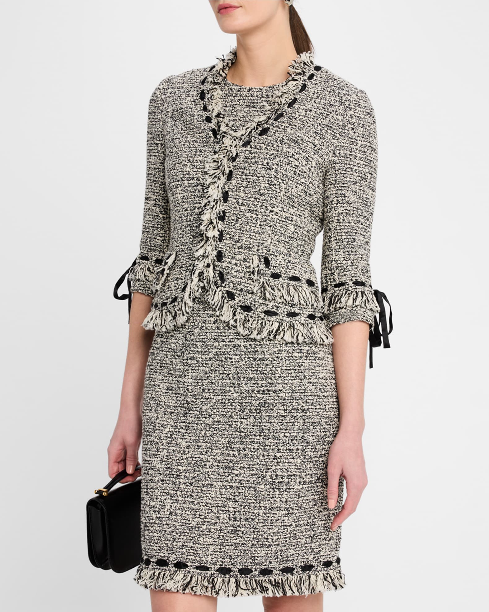 Rickie Freeman for Teri Jon Ribbon-Trim Fringed Tweed Jacket