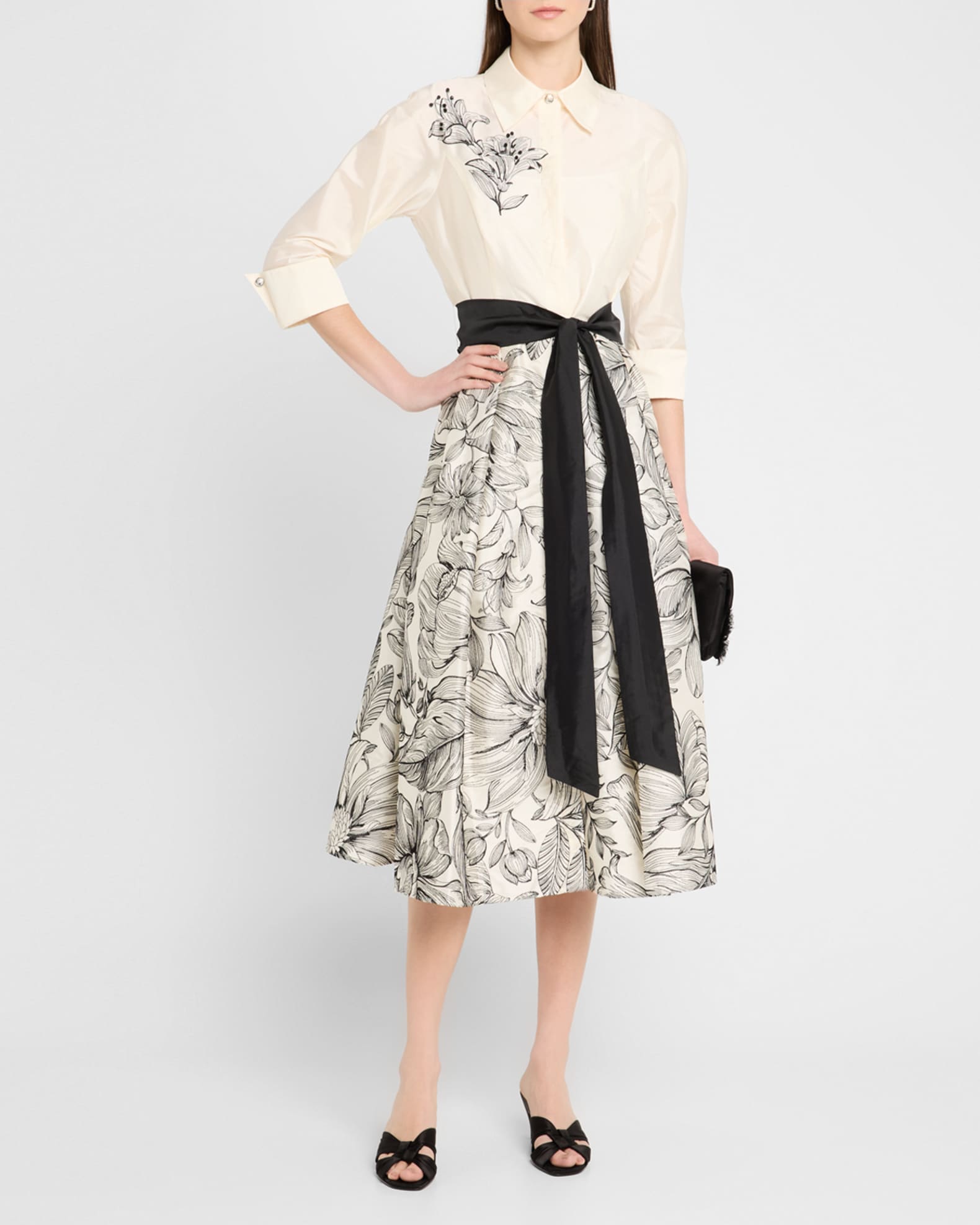 Beaded Floral-Embroidered Midi Shirtdress 1