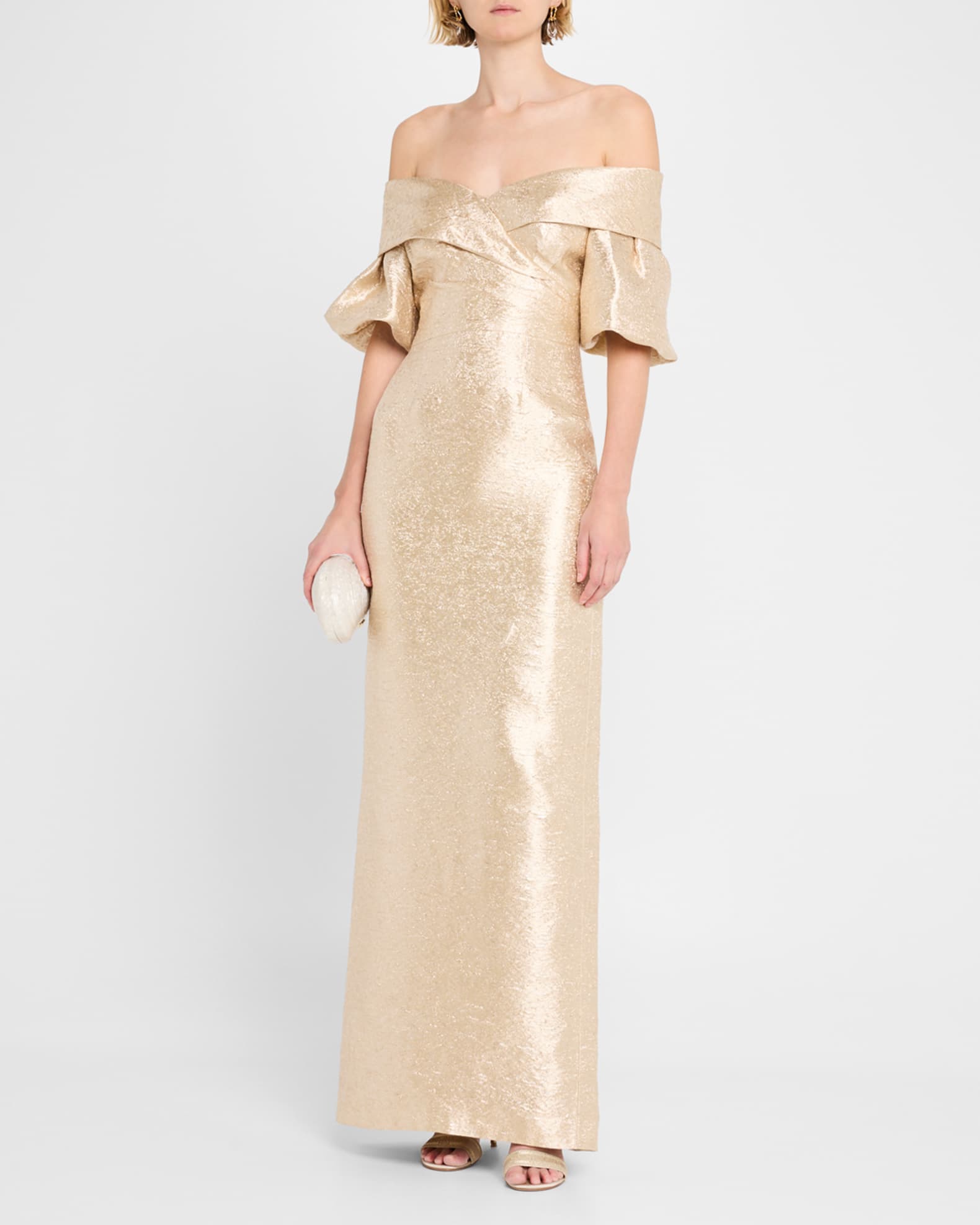 Off-Shoulder Metallic Jacquard Column Gown 1