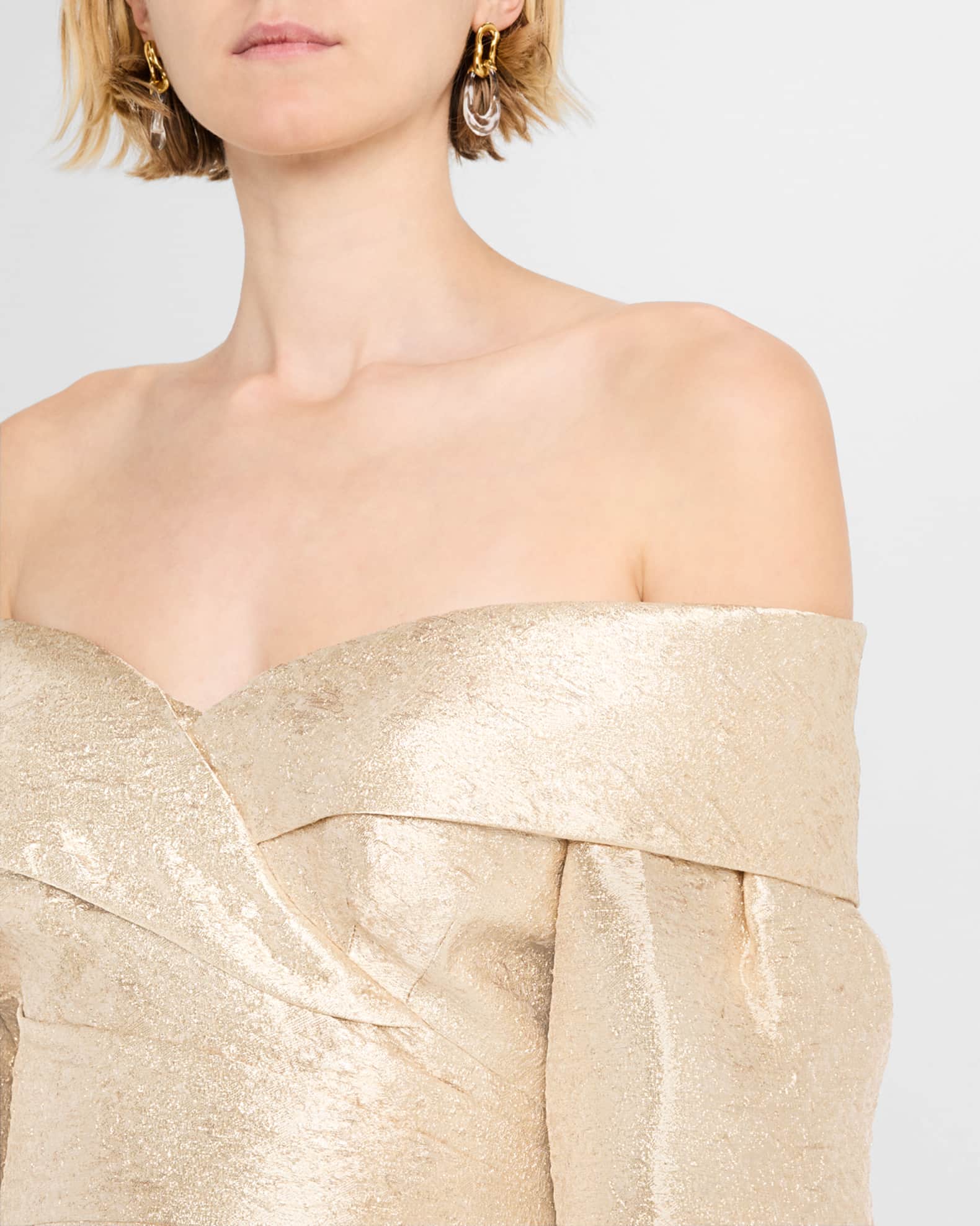 One Shoulder Metallic Stretch Jacquard Column Gown In Light Gold main image 0