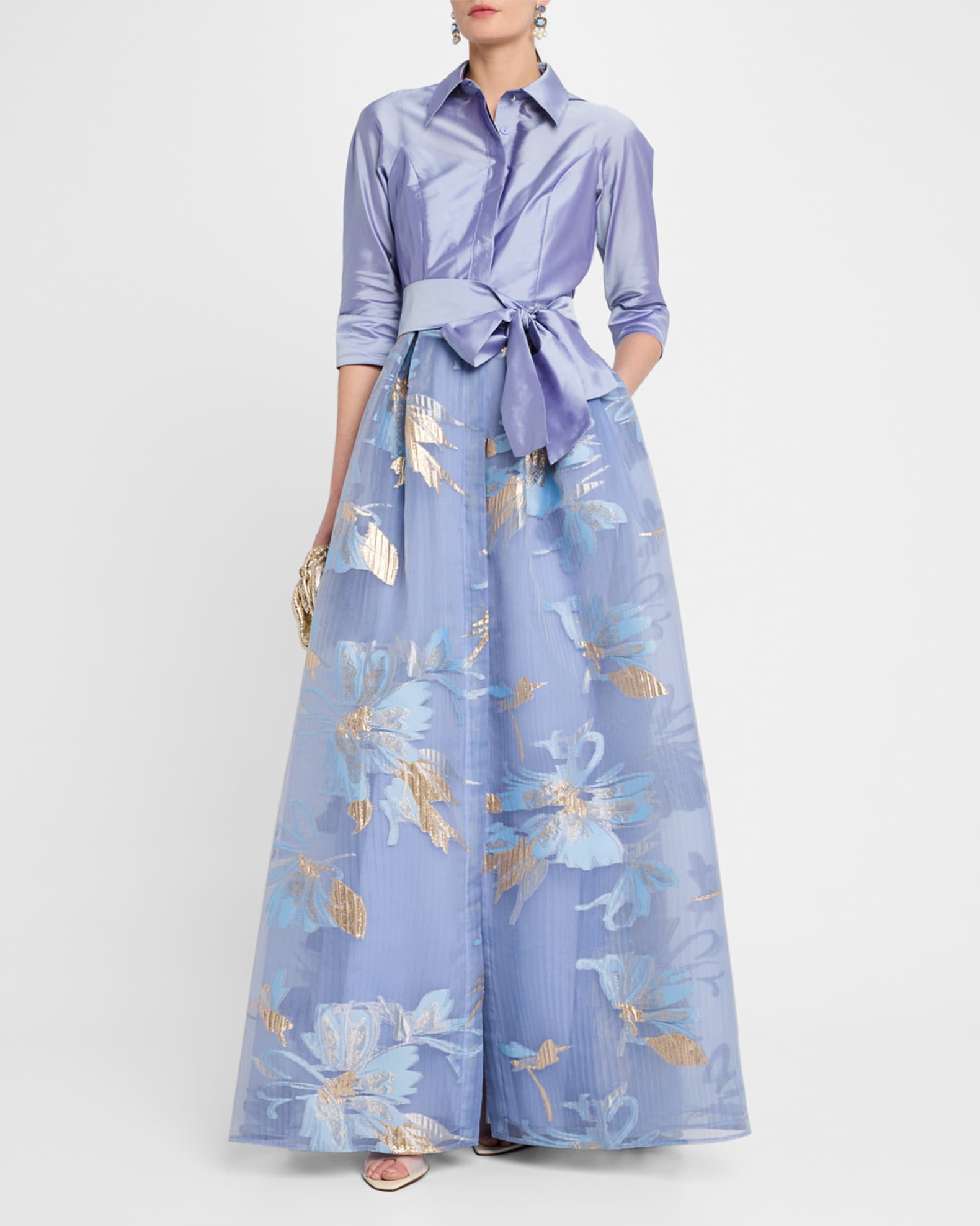 Taffeta & Metallic Floral Organza Shirt Gown - Thumbnail 2