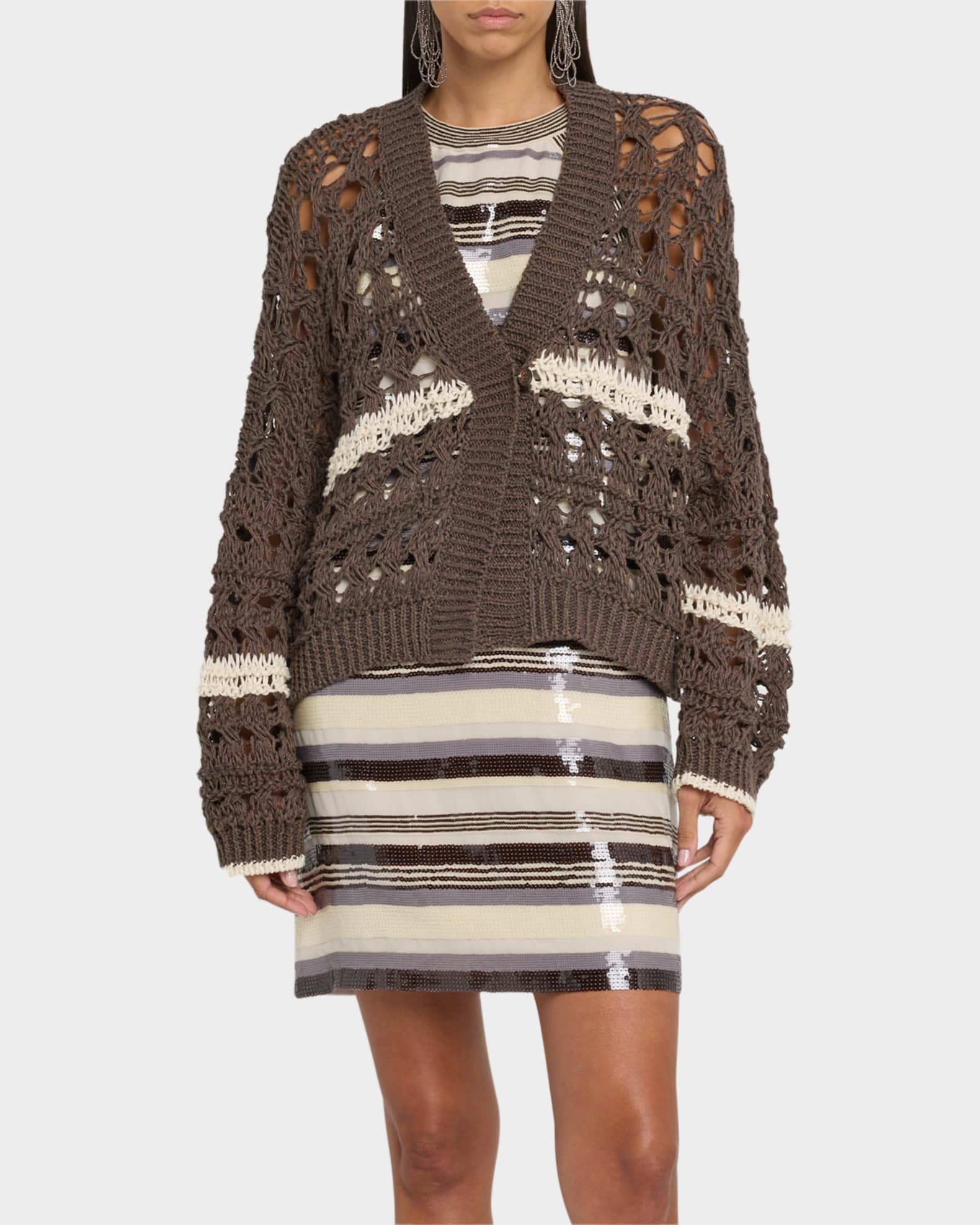 Brunello Cucinelli Stripe Cotton-Jute Open Knit V-Neck