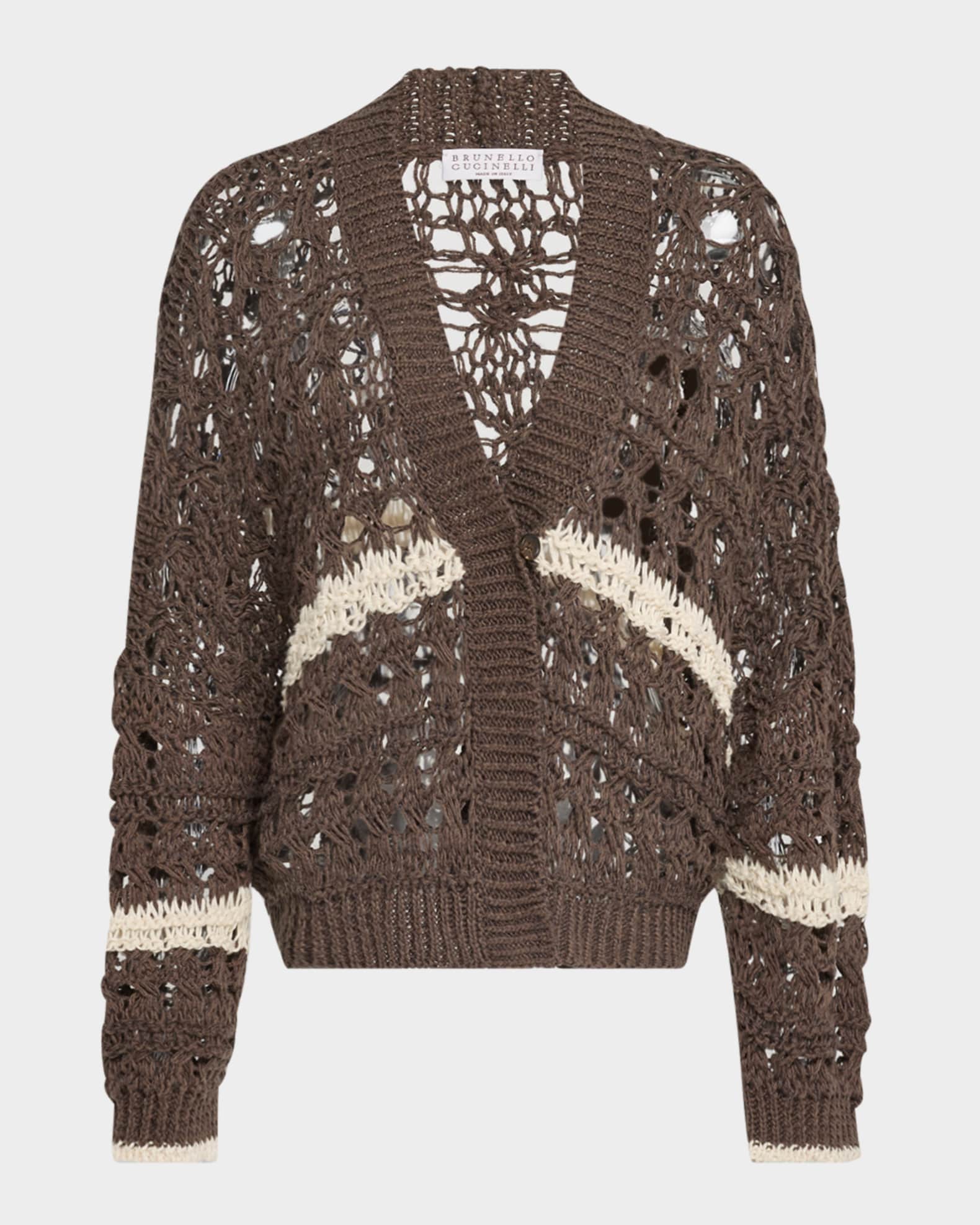 BRUNELLO CUCINELLI レースステッチ カーディガン Brunello Cucinelli Stripe Cotton-Jute Open Knit V-Neck