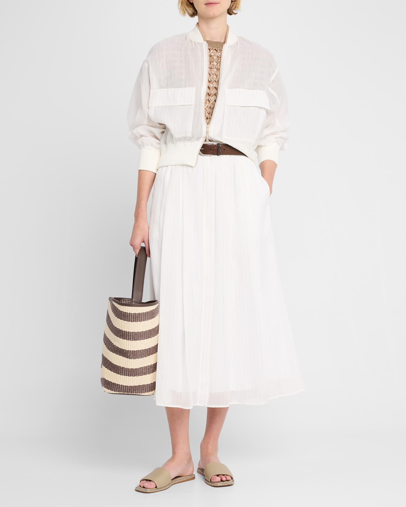 Pinstripe Cotton Gauze Midi Pull-On Skirt 1
