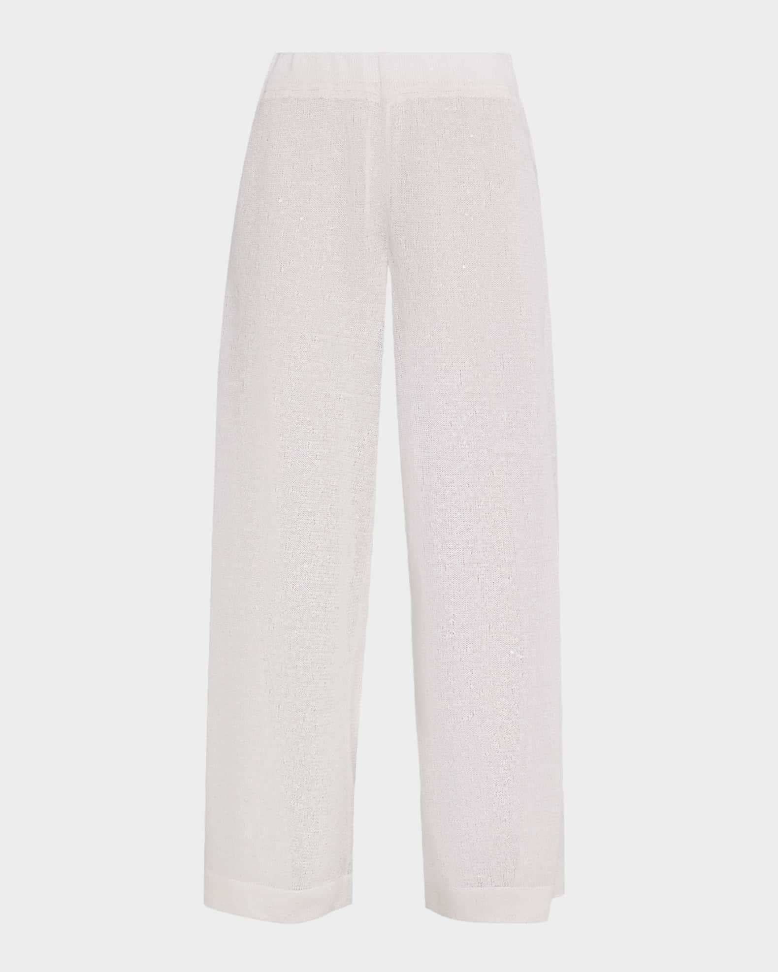 Linen-Silk Paillette Knit Straight-Leg Pull-On Pants 0