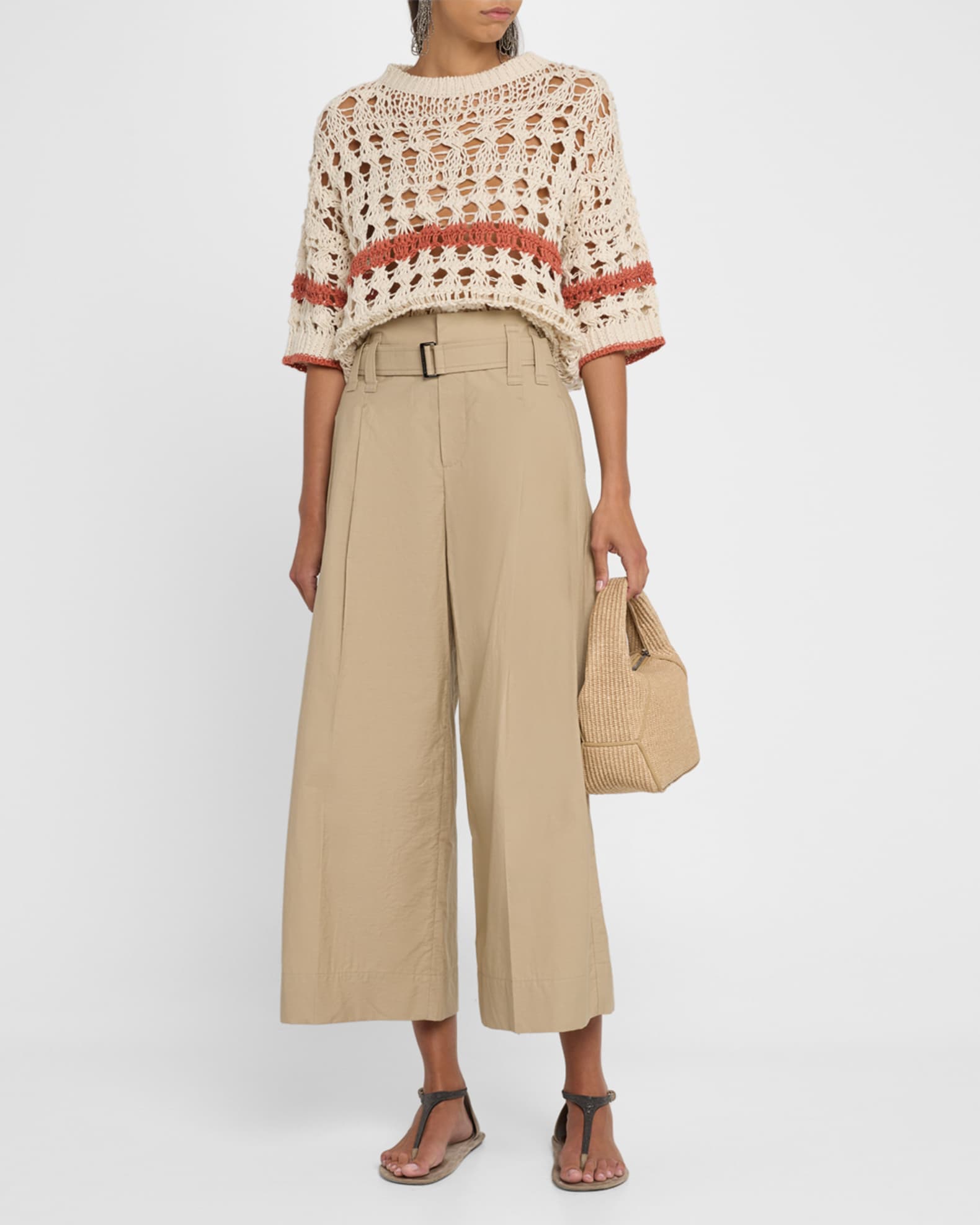 Stripe Cotton-Jute Open Knit Short-Sleeve Sweater 1