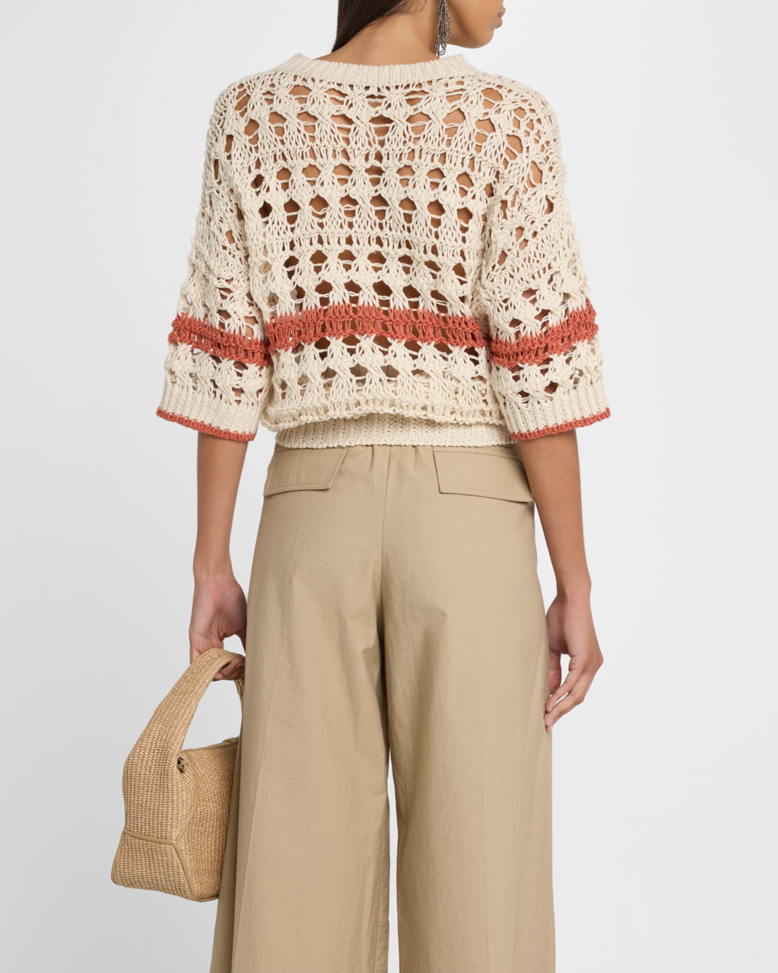 Brunello Cucinelli Stripe Cotton-Jute Open Knit Short-Sleeve