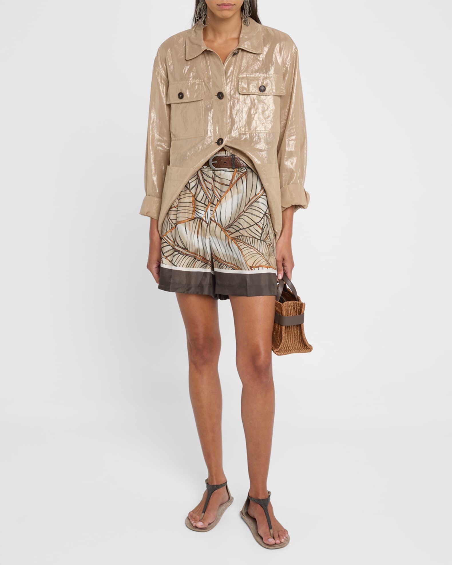 Papyrus Print Ponge Silk Pull-On Shorts 1