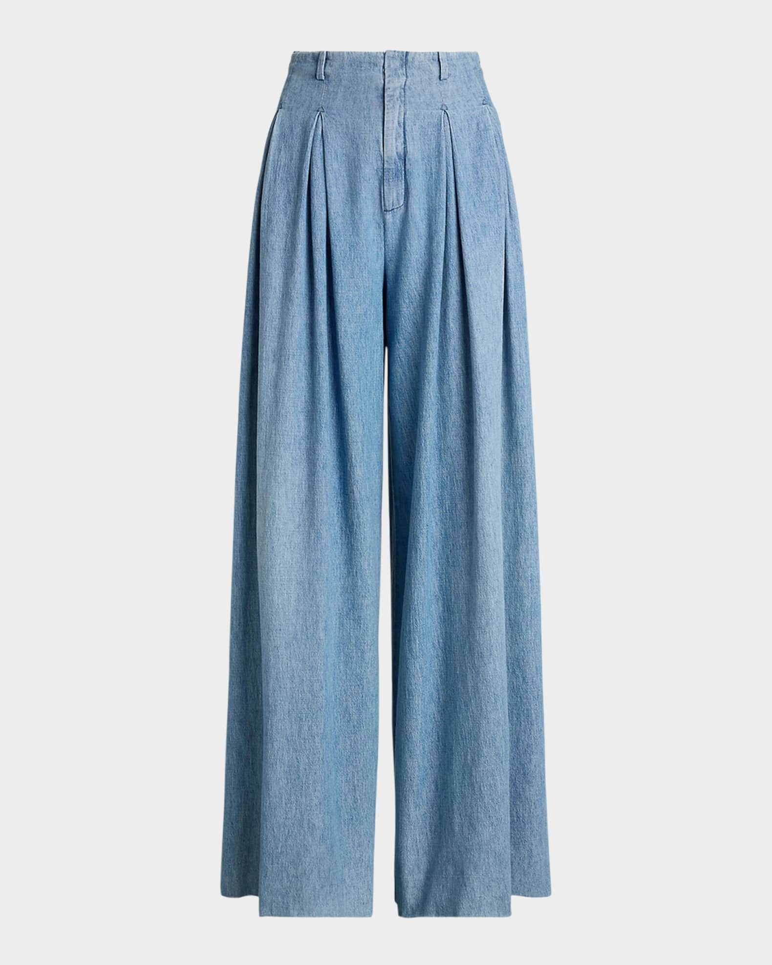Tiana Denim Wide Leg Pleated Pants 0