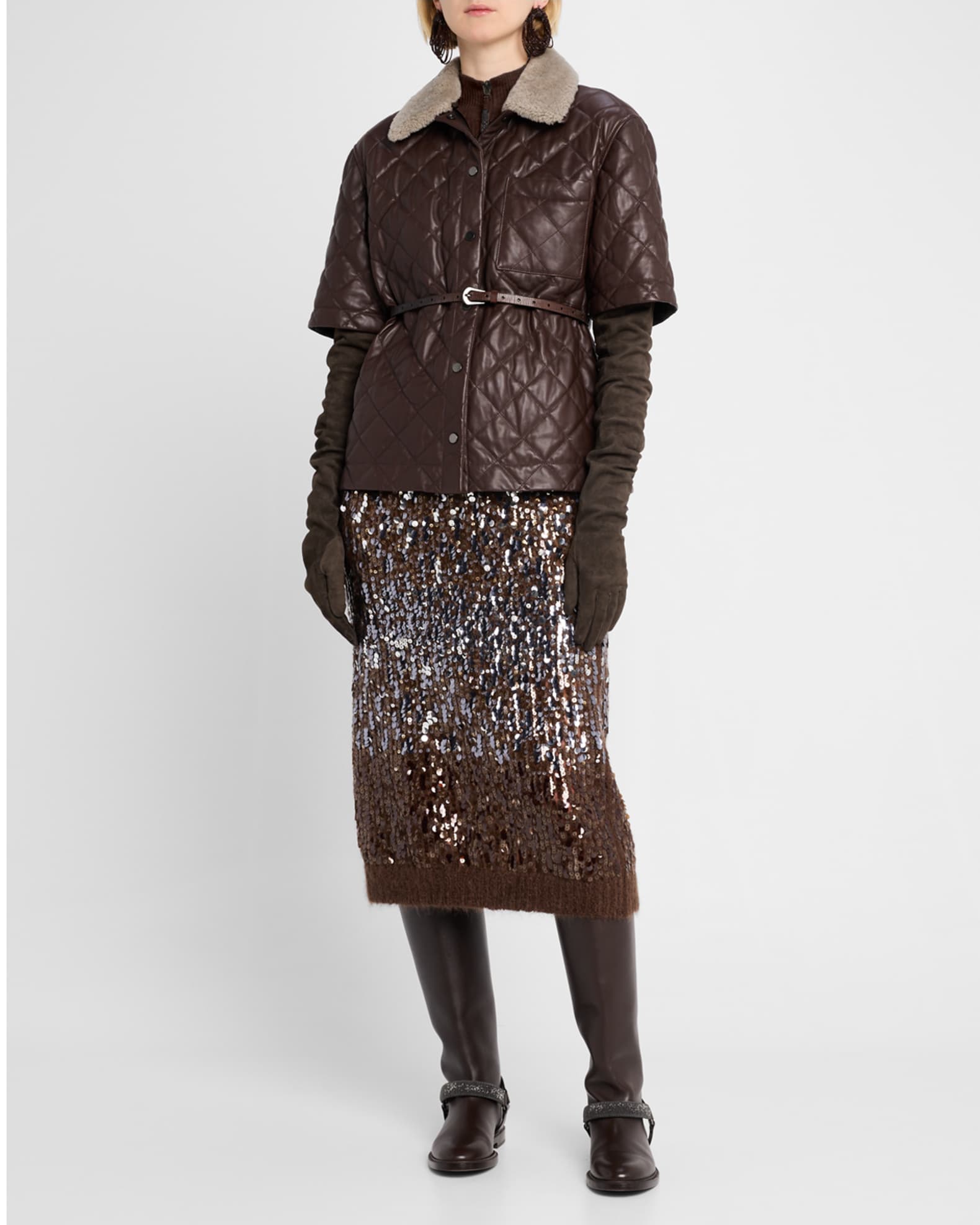 Brunello Cucinelli Lamb Shearling Collar Quilted Nappa Leather Shirt