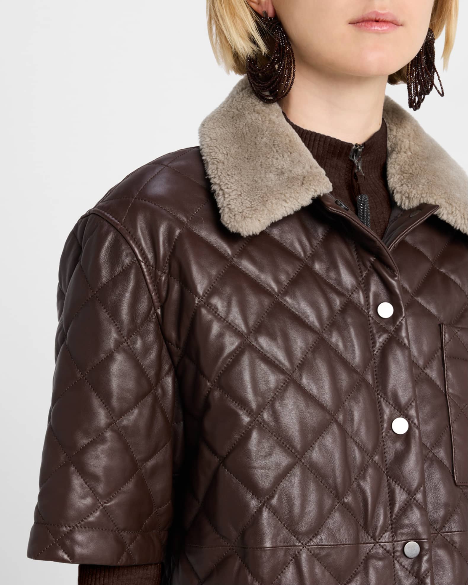Brunello Cucinelli Lamb Shearling Collar Quilted Nappa Leather Shirt
