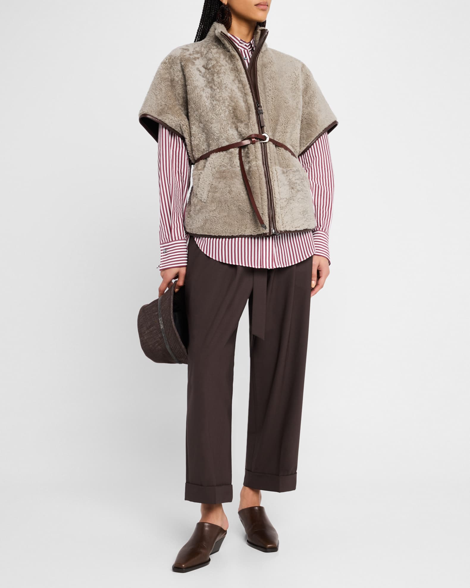 BRUNELLO CUCINELLI モニーレ装飾 トップス ブラウス 切替 S Brunello Cucinelli Stripe Blouse with Monili Pocket | Neiman
