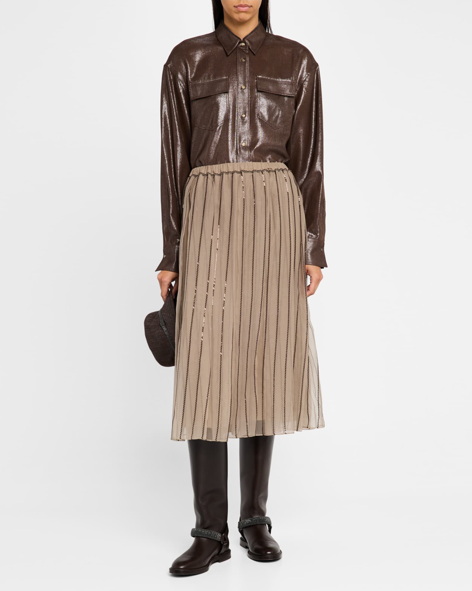 【関税＆送料込み】Brunello Cucinelli Silk Midi Skirt Brunello Cucinelli - Brown Silk Pleated Midi Skirt