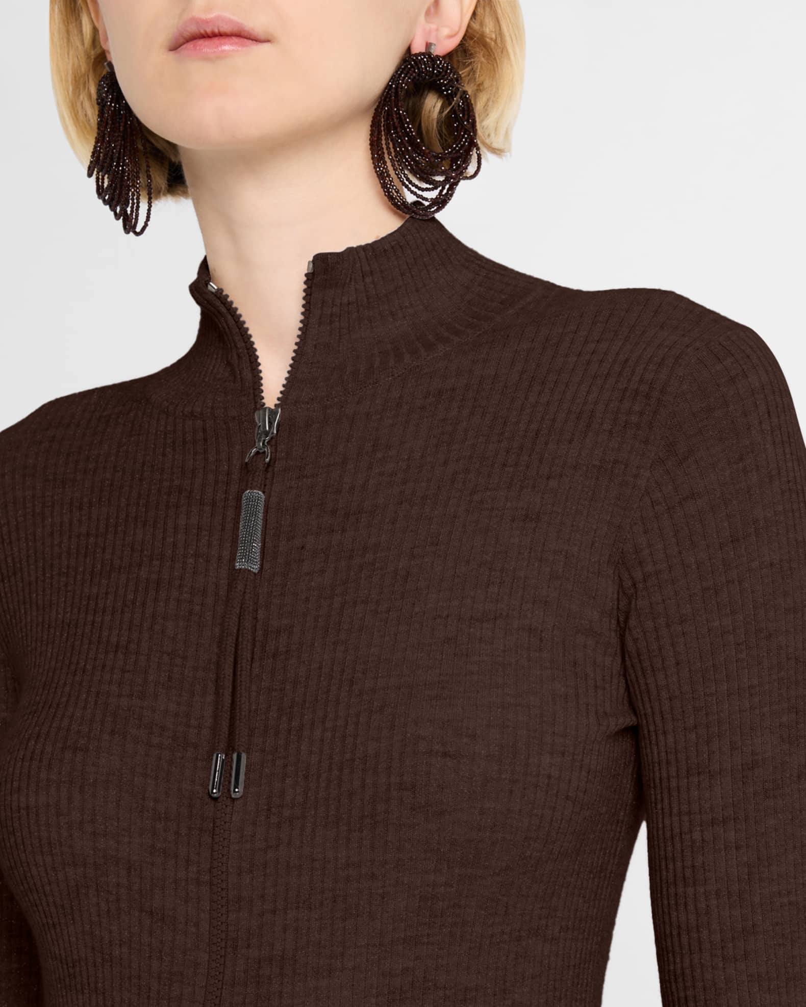 Brunello Cucinelli Ribbed Long-Sleeve Monili Zip-Up Top