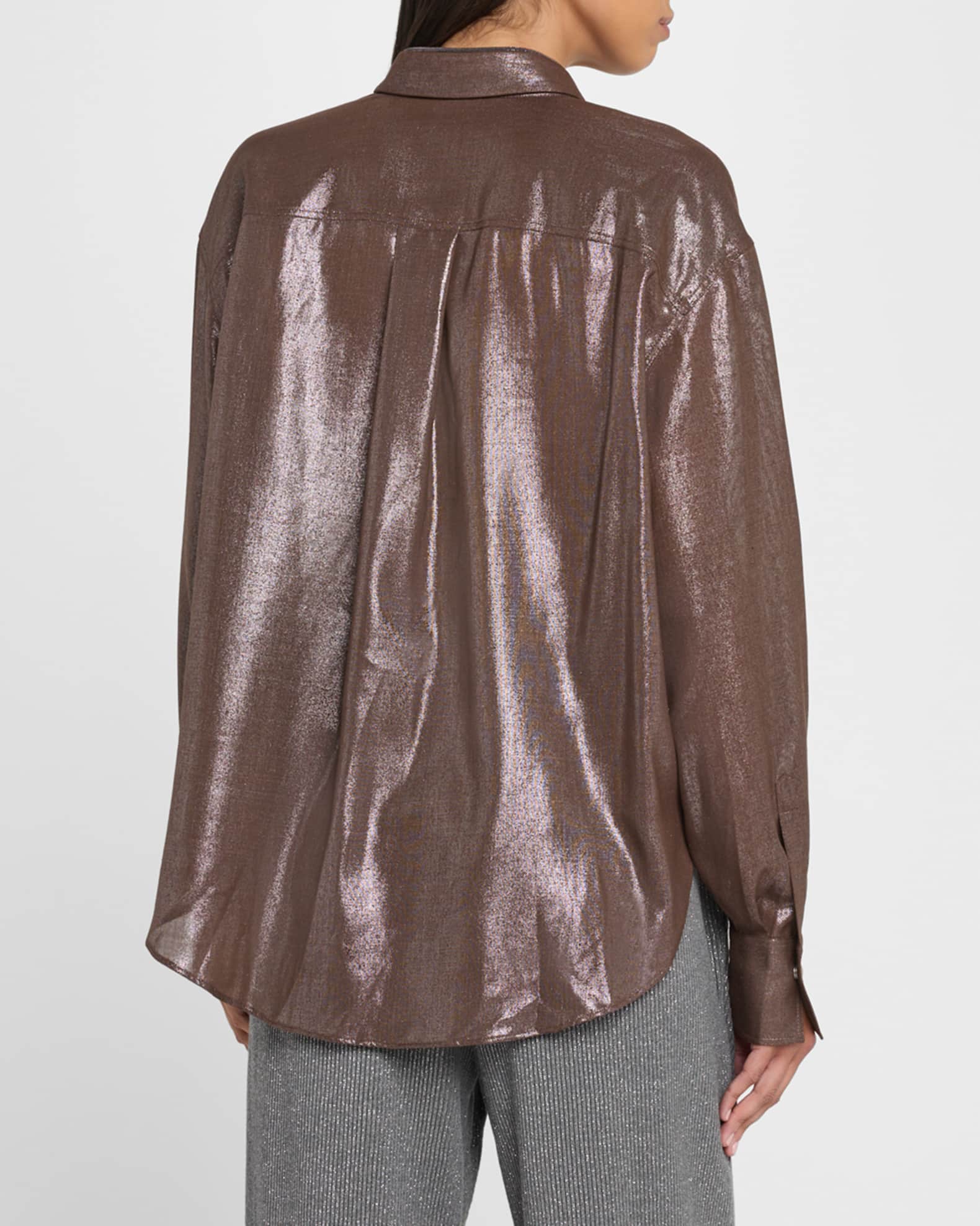 Brunello Cucinelli Metallic Double-Pocket Blouse | Neiman Marcus