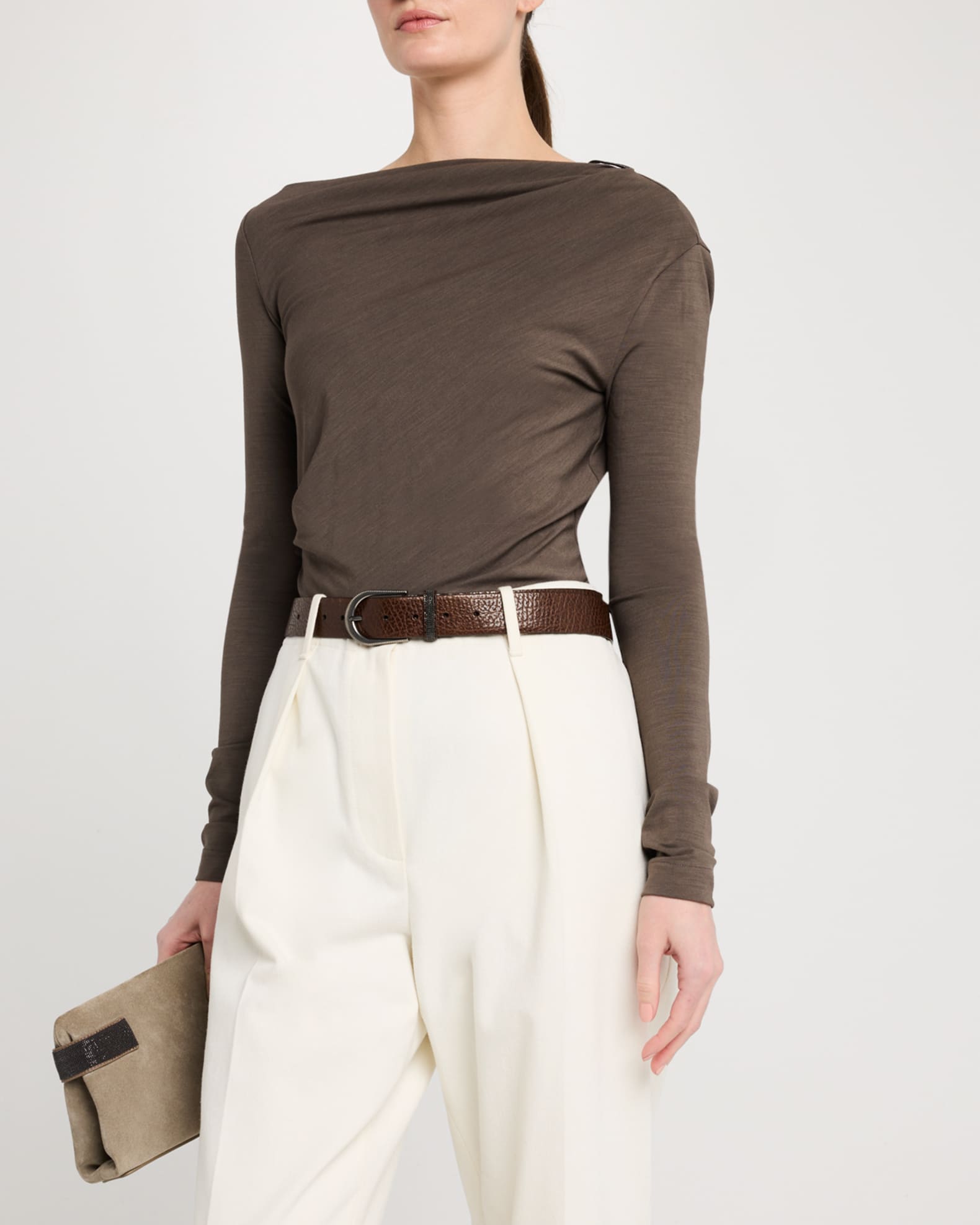 最新発見 Brunello Cucinelli Long-Sleeve Asymmetric Draped Jersey Top トップス