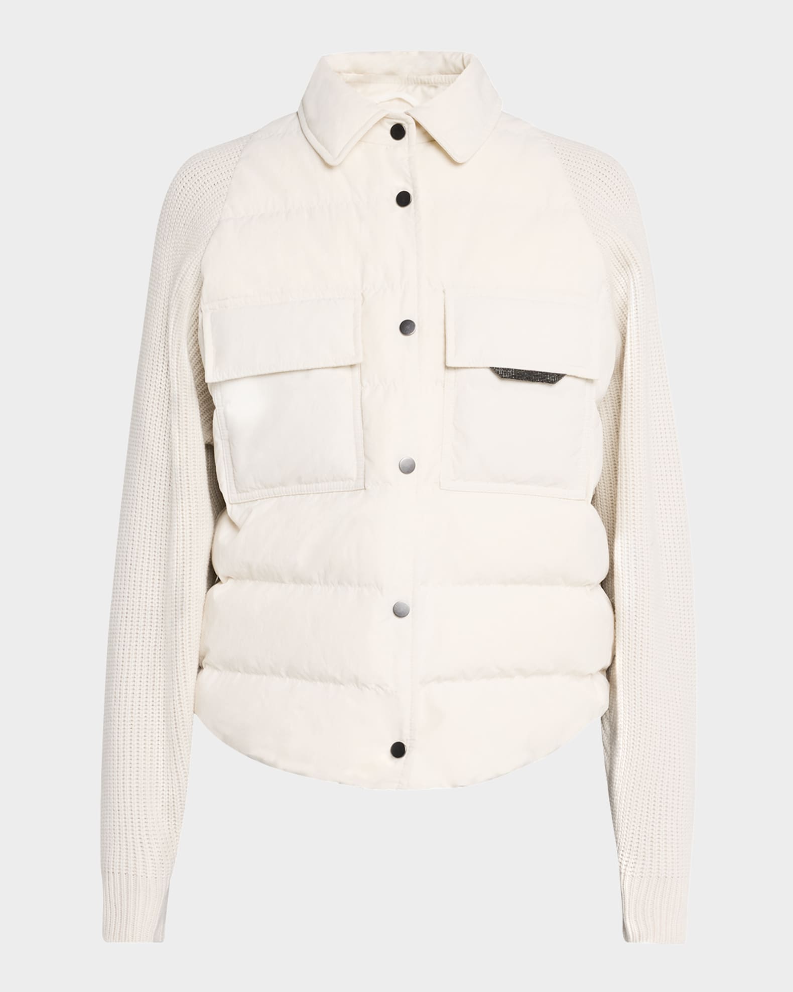 Knit-Sleeve Techno Crinkled Cotton Padded Jacket 0