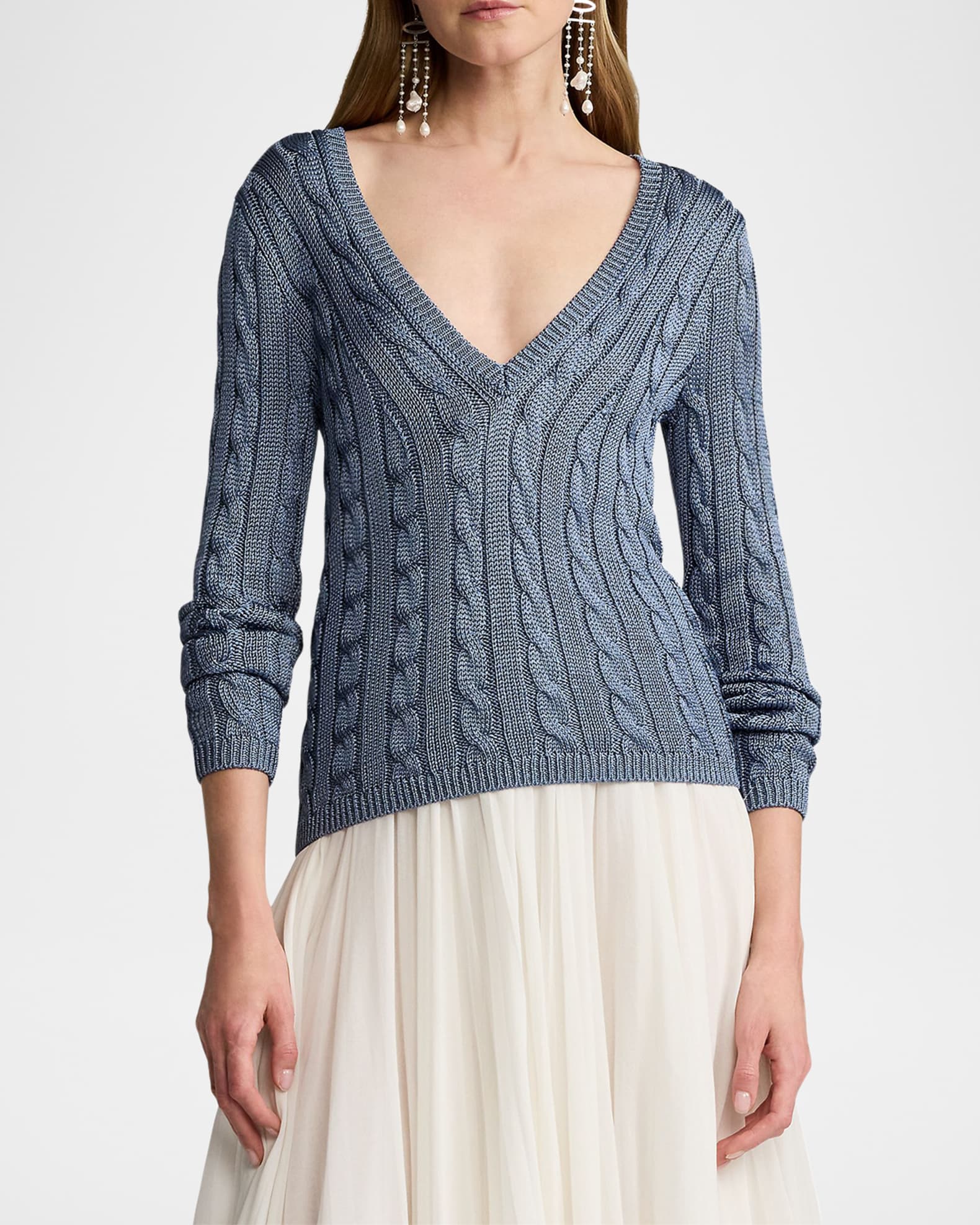 Ralph Lauren Collection V-Neck High Shine Silk Cable Knit Sweater ...