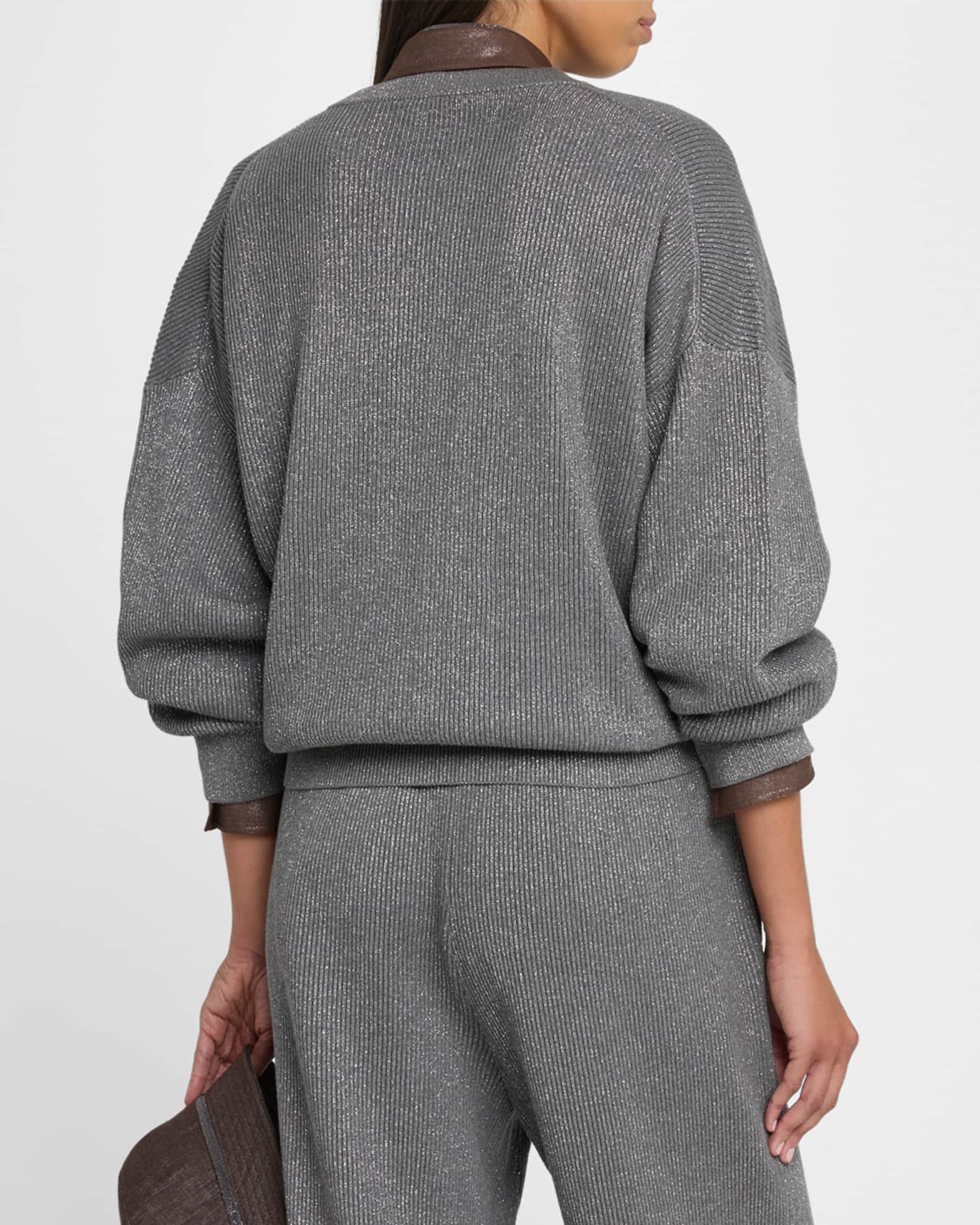 Brunello Cucinelli Lurex Cotton Metallic English Rib Knit Sweater