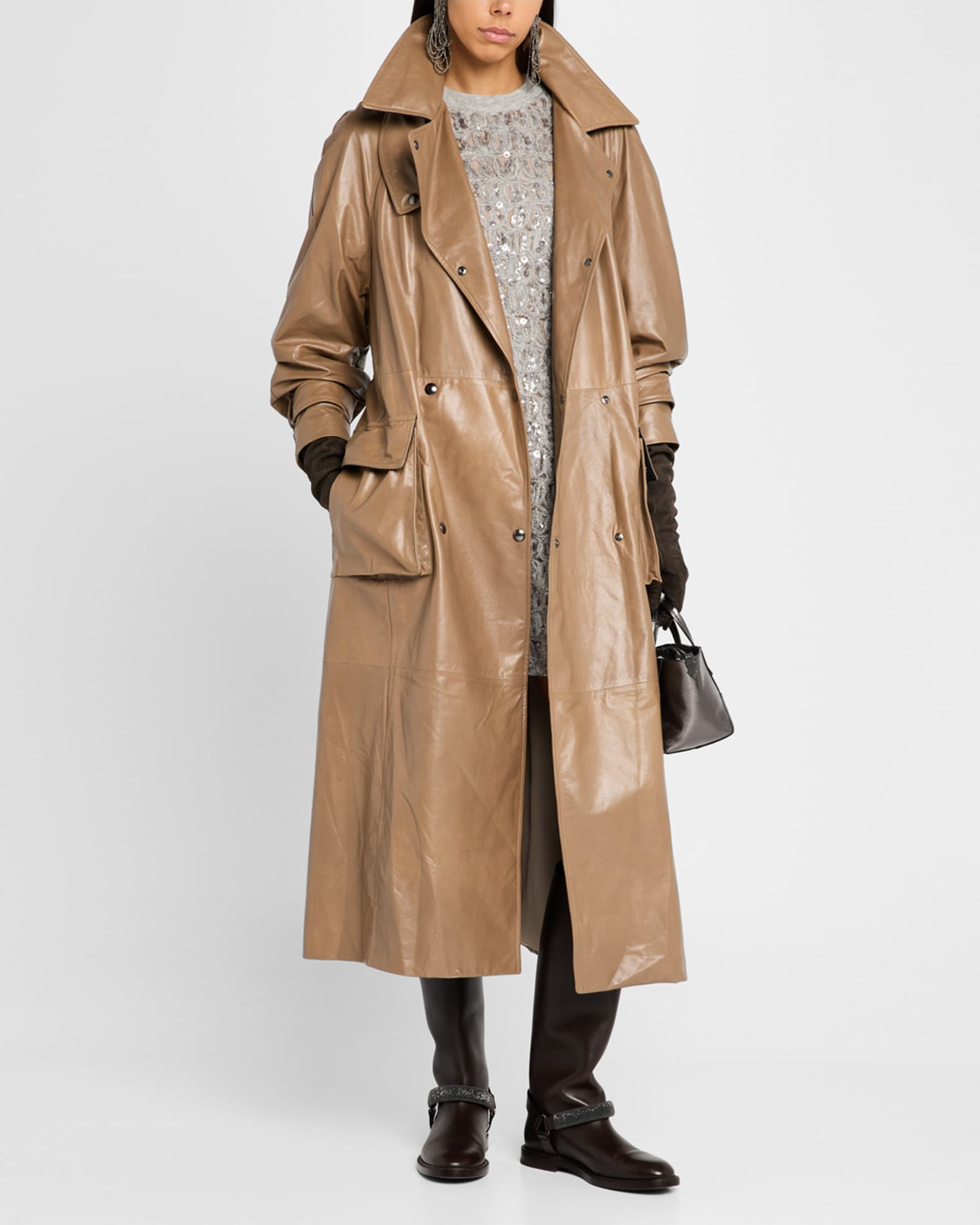 Brunello Cucinelli Glossy Nappa Leather Belted Trench Coat