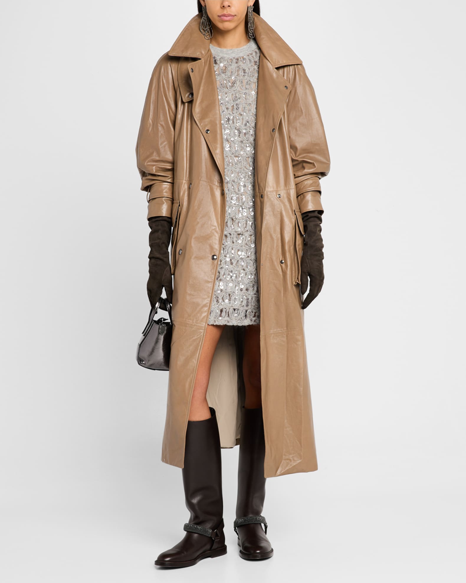 Brunello Cucinelli Glossy Nappa Leather Belted Trench Coat