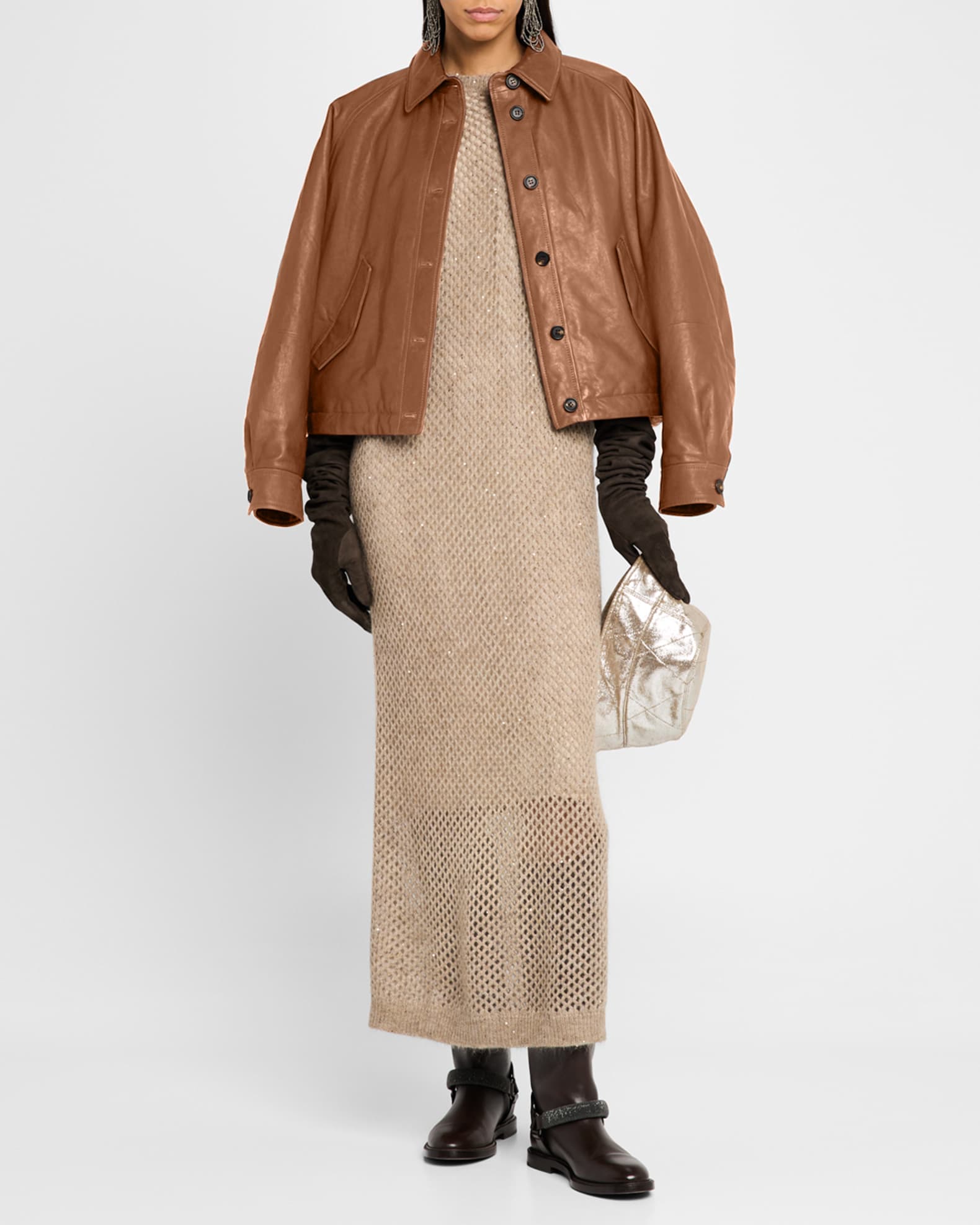 BRUNELLO CUCINELLI★Paillette Cashmere Silk Sweater Dress BRUNELLO CUCINELLI Paillette Cashmere Silk Crewneck Sweater