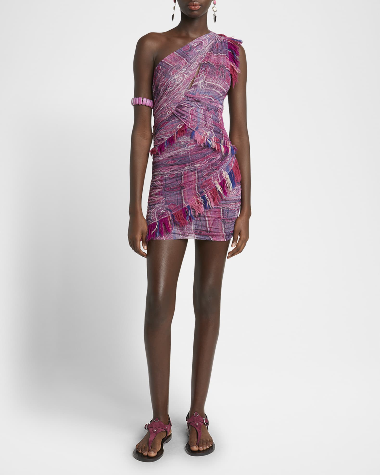 Dessia Printed One-Shoulder Fringe Mini Dress 1