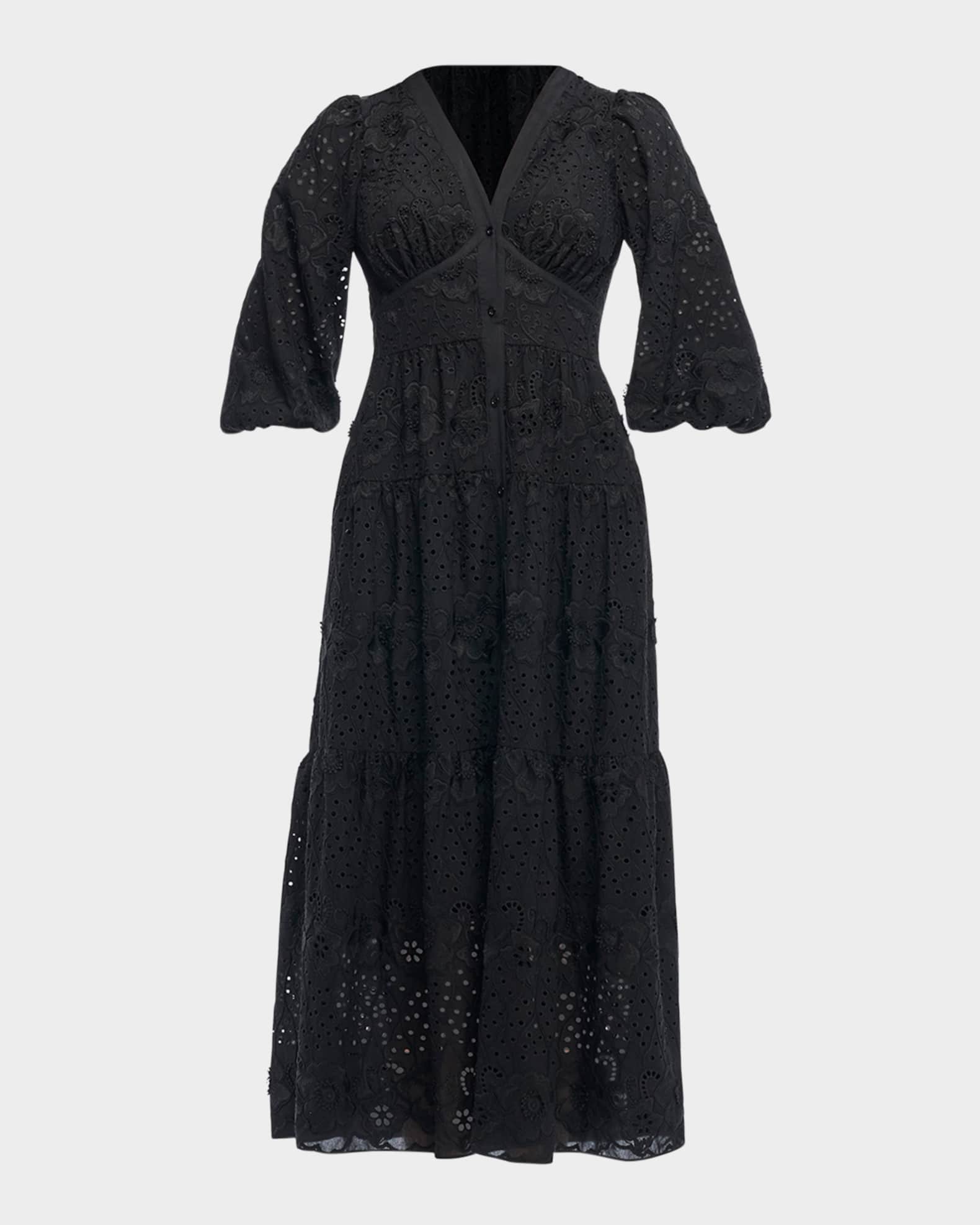 Sicily 3/4-Sleeve Floral Embroidered Midi Dress  0