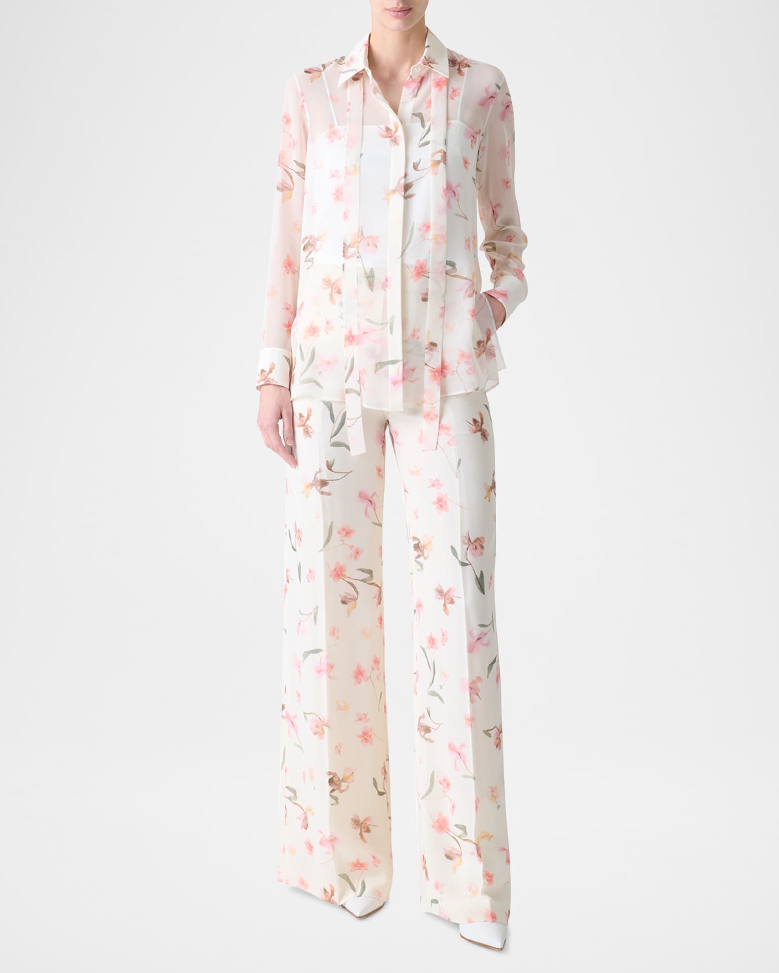 Floral Silk Neck-Tie Blouse 1