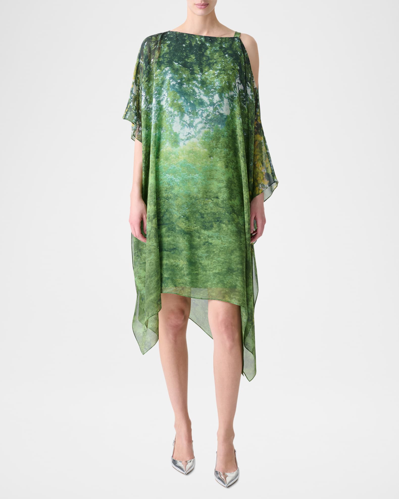 Tree-Print Off-The-Shoulder Silk Chiffon Dress 1