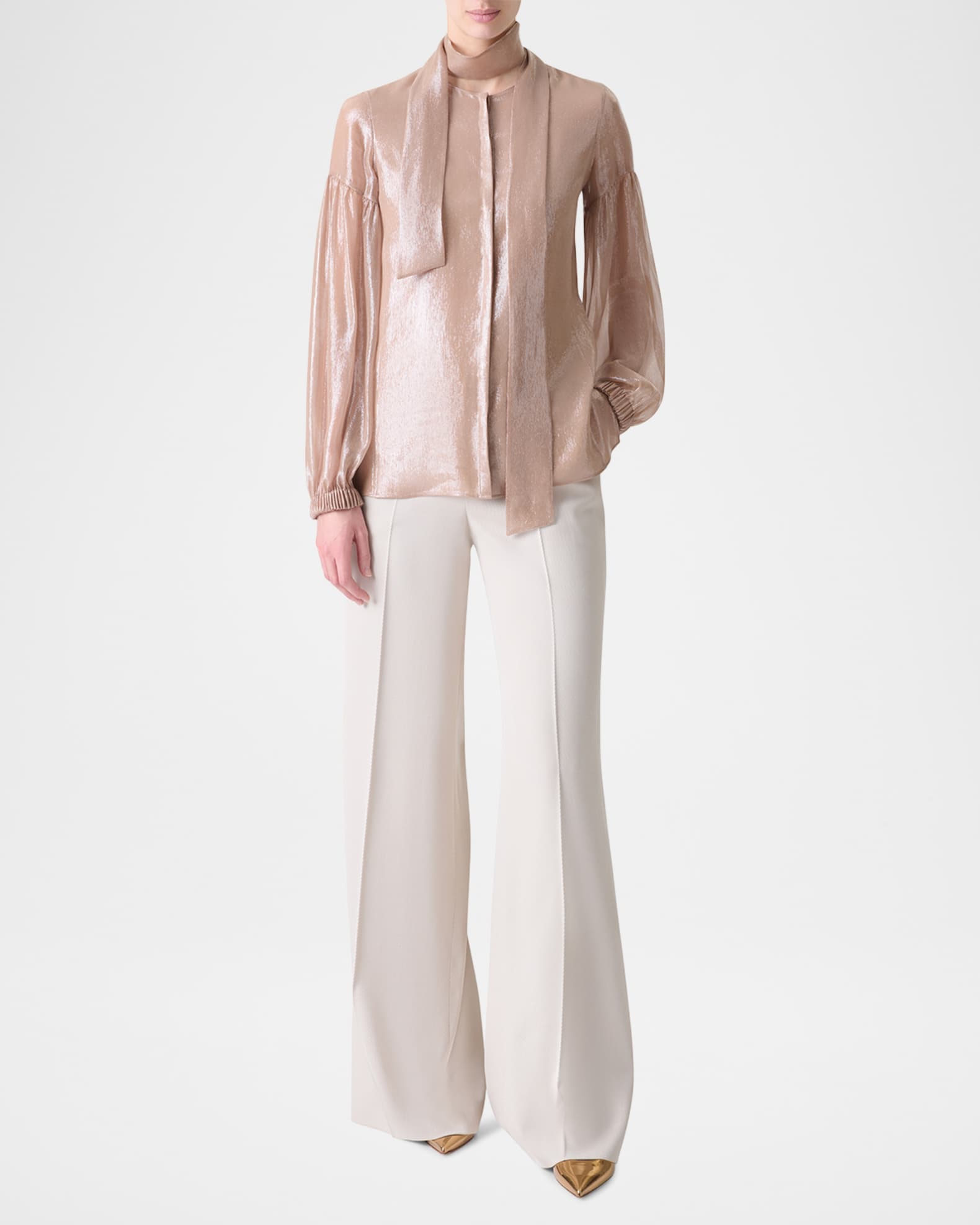 Metallic Silk Puff-Sleeve Neck-Scarf Blouse 1