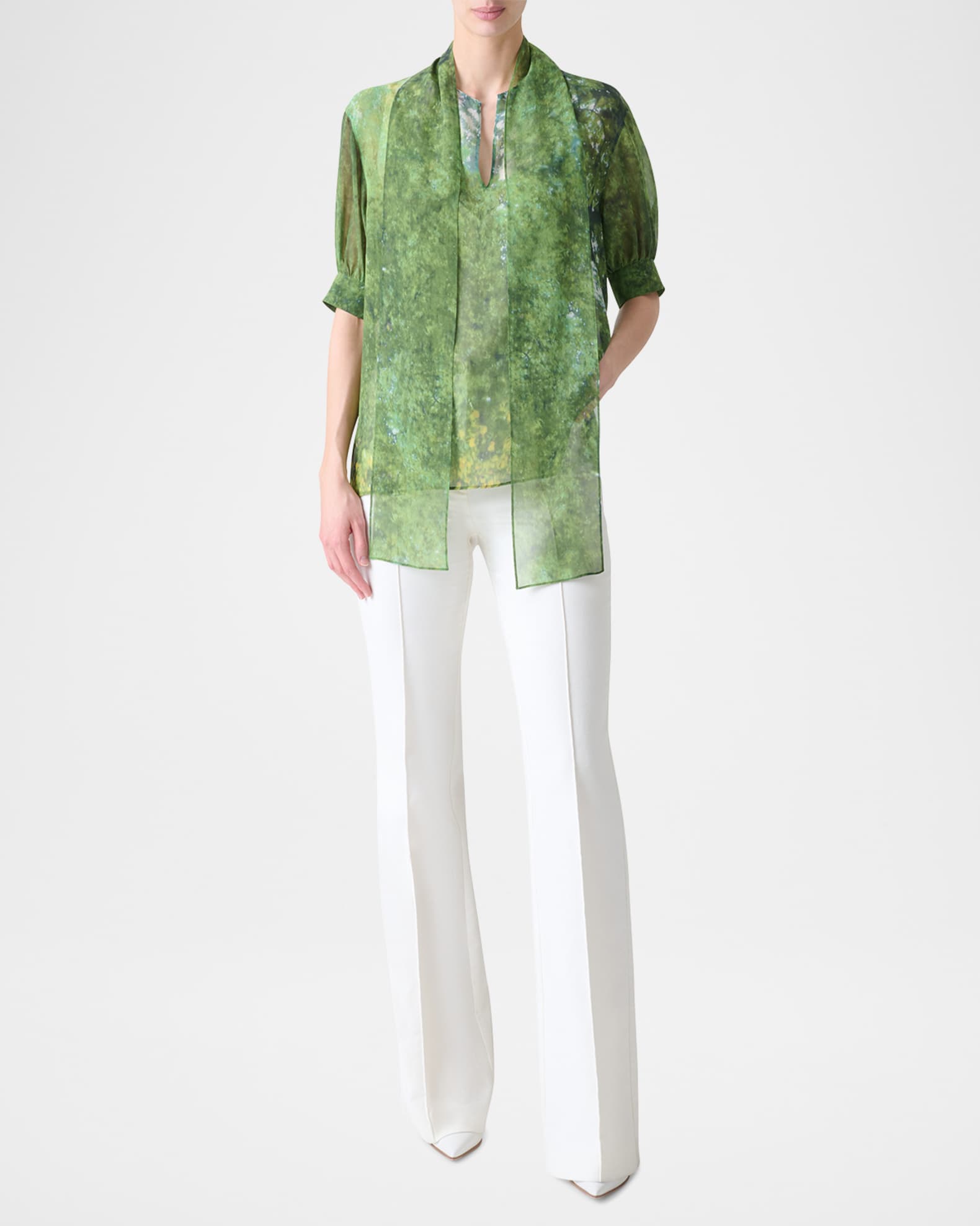 Akris Tree-Print Silk Neck Scarf Blouse | Neiman Marcus