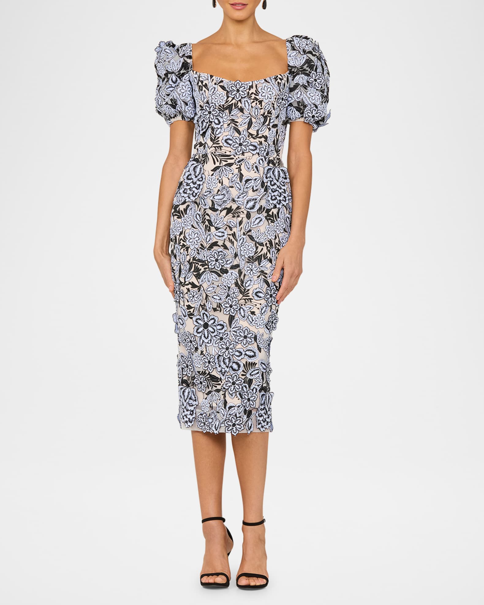 Exclusive Lucia Embroidered Puff-Sleeve Midi Dress 1