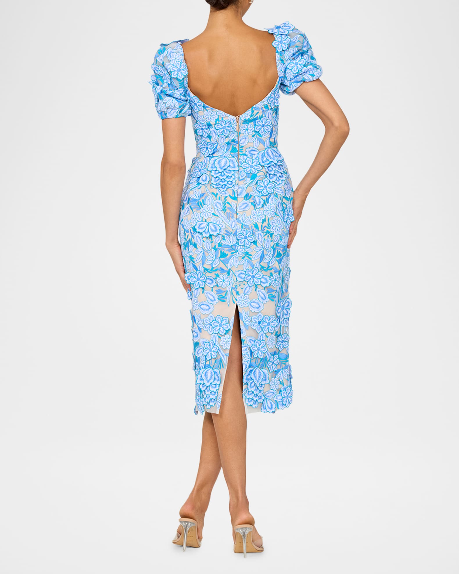 Exclusive Lucia Embroidered Puff-Sleeve Midi Dress | Neiman Marcus