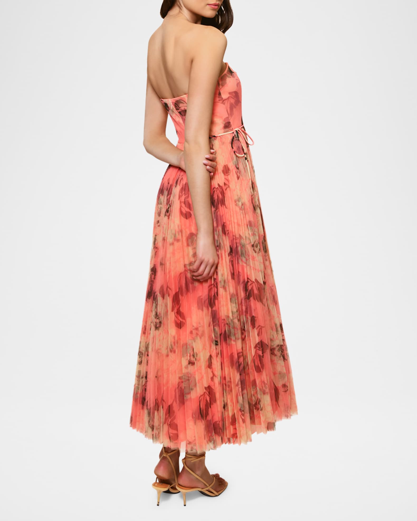 Costella Pleated Floral-Print Tulle Gown