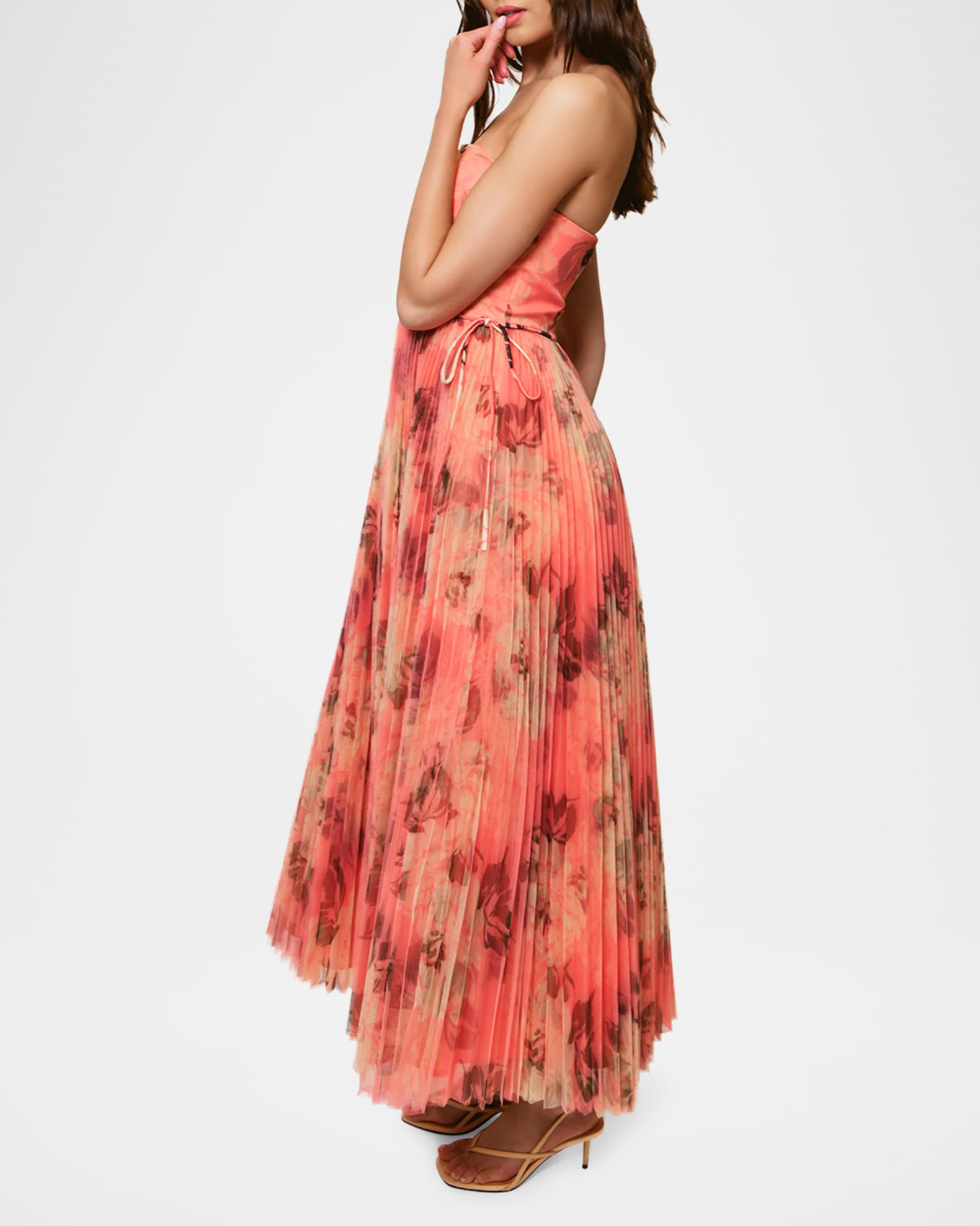Costella Pleated Floral-Print Tulle Gown