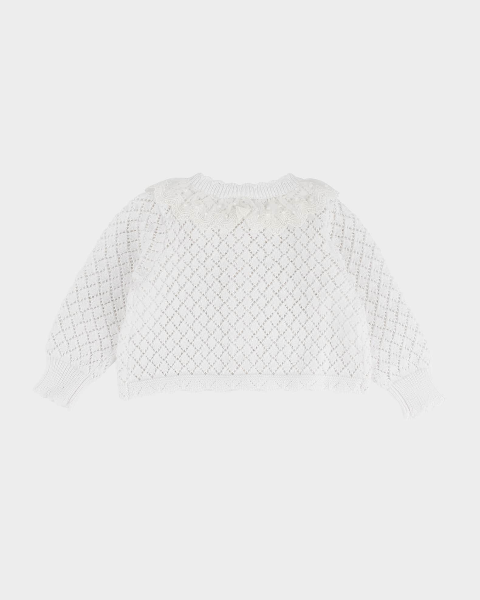 Girl's Pointelle Lace-Trim Cardigan, Size 3M-24M 1