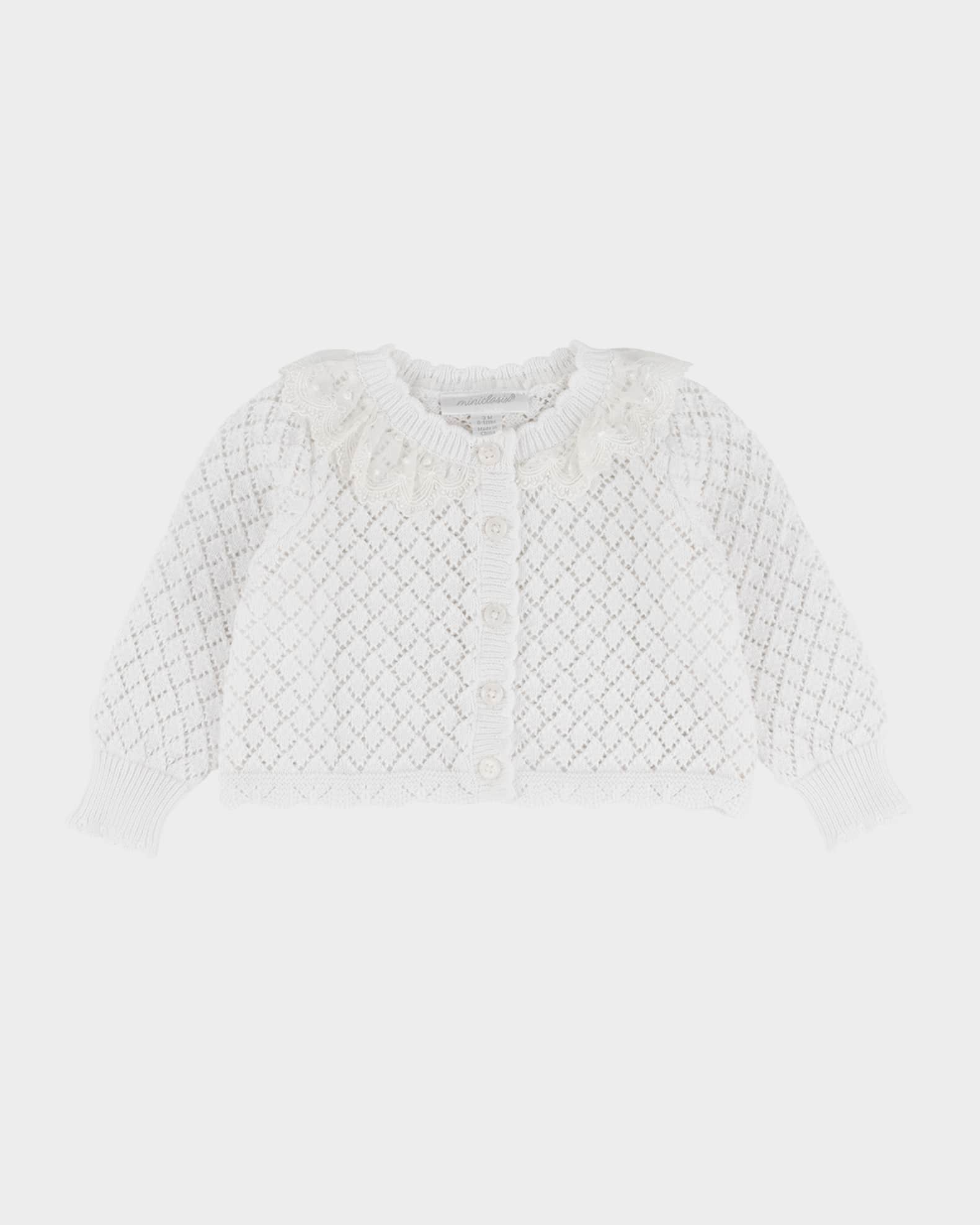 Girl's Pointelle Lace-Trim Cardigan, Size 3M-24M 0