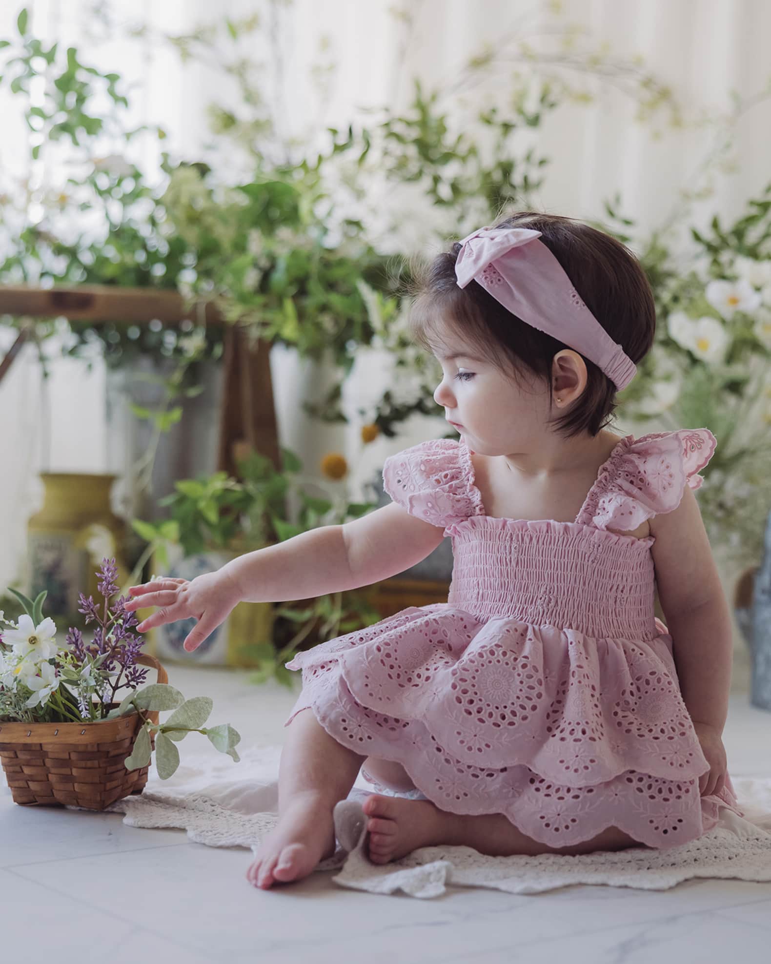 Girl's Smocked Eyelet Romper W/ Headband, Size 3M-24M 1